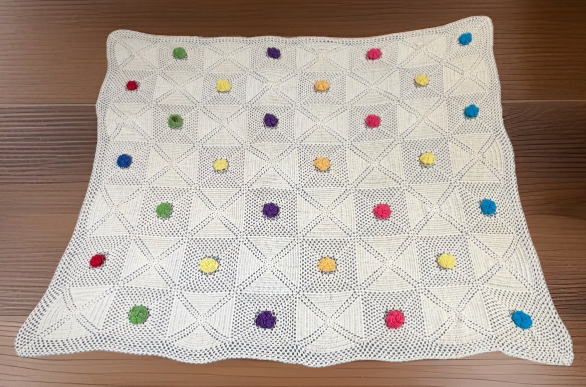 Vintage Hand Crochet Loose Knit Ivory Afghan with Multi Color Flowers 68″x71″