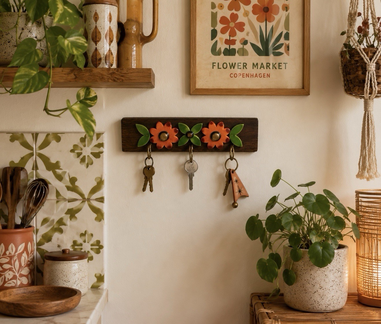Vintage Mod Wood KEY HOOK Wall Hanging MCM Kitschy Enamel Flowers