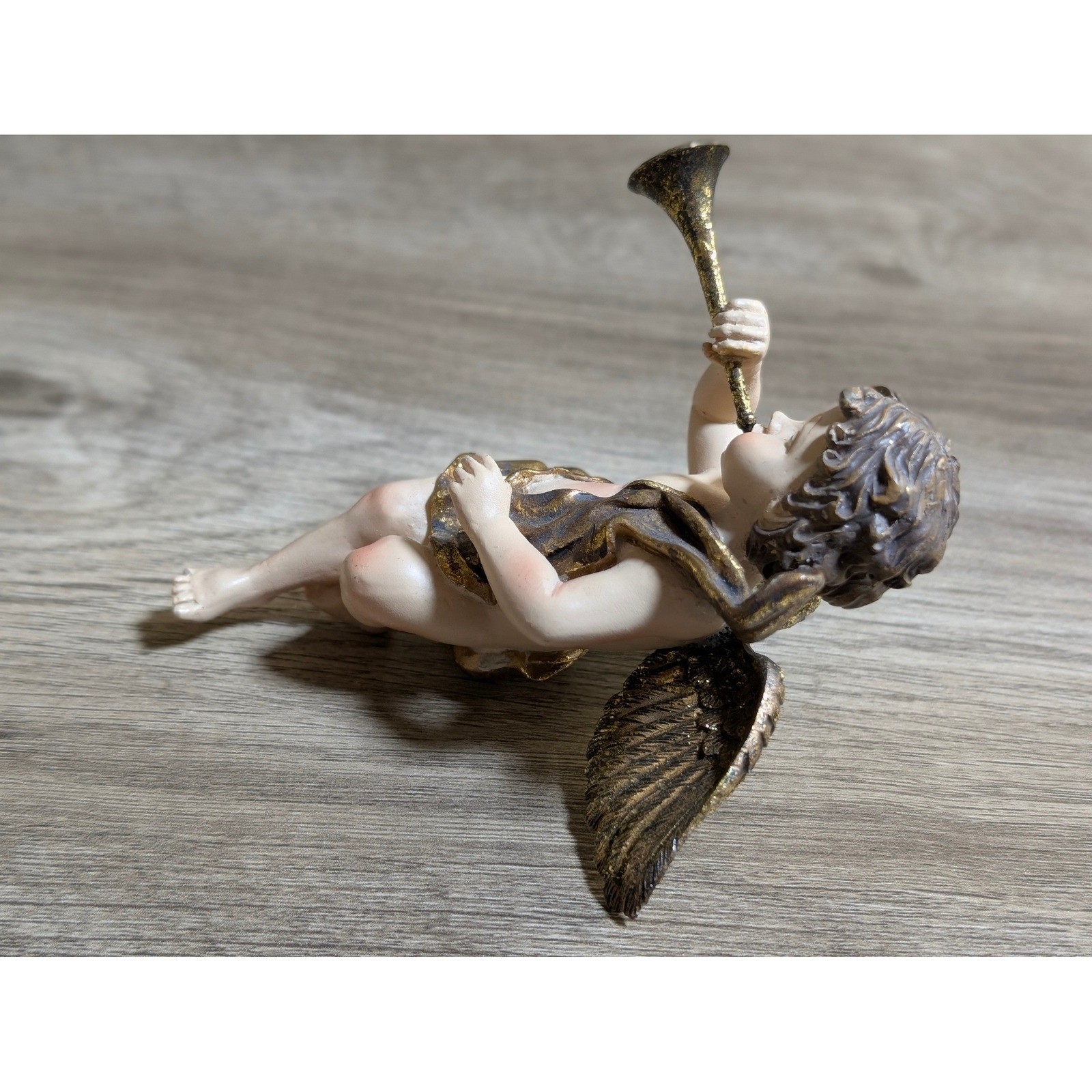 Vintage Cherub Angel Figurine Gold Wings Playing Trumpet Wall Hanging Decor