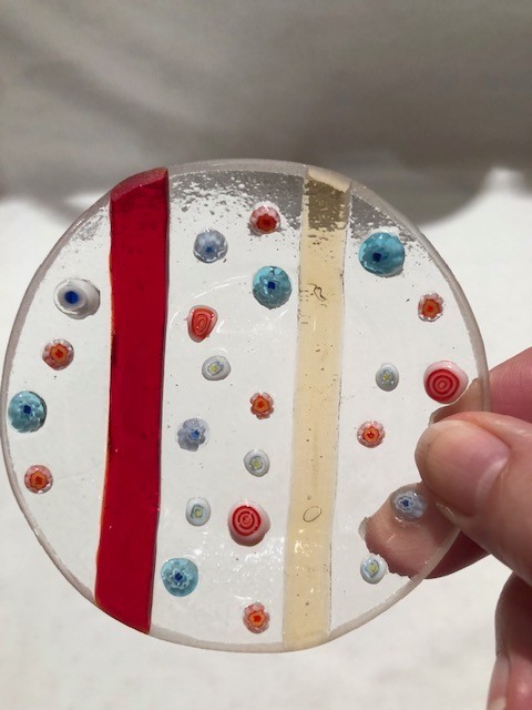 Fused Studio Art Glass Millefiori Trinket Dish Round 3.25″ Clear Stripes