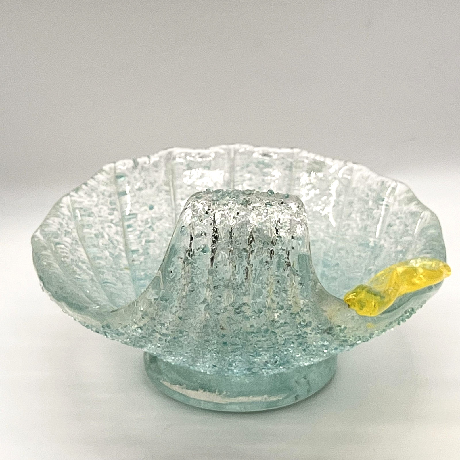 Vintage Studio Art Overshot Glass Shell Bowl Aqua Seafoam Blue Yellow Accent