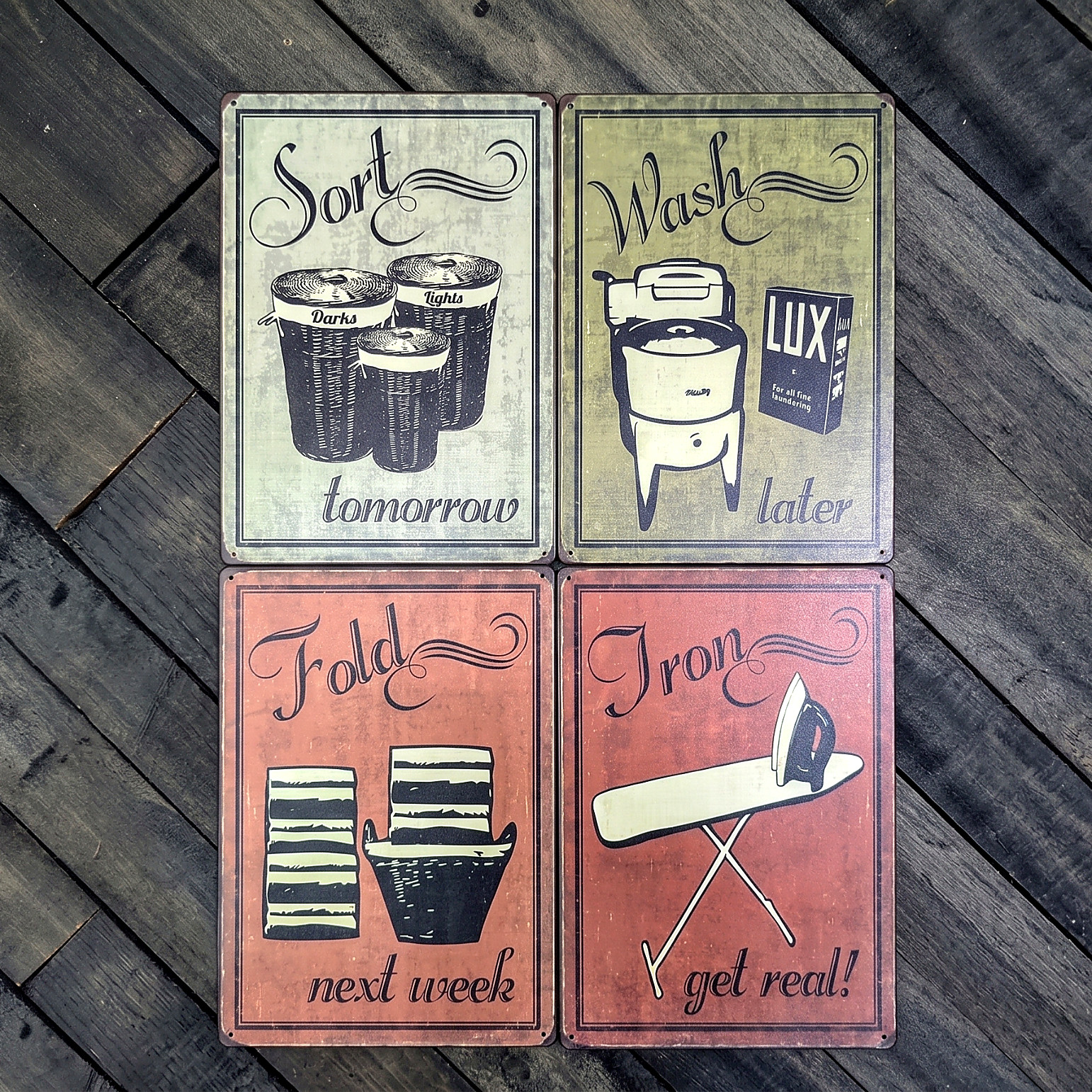 Funny Laundry Room Metal Sign Set – Vintage Retro Wall Decor Bundle – 8 x 12 in