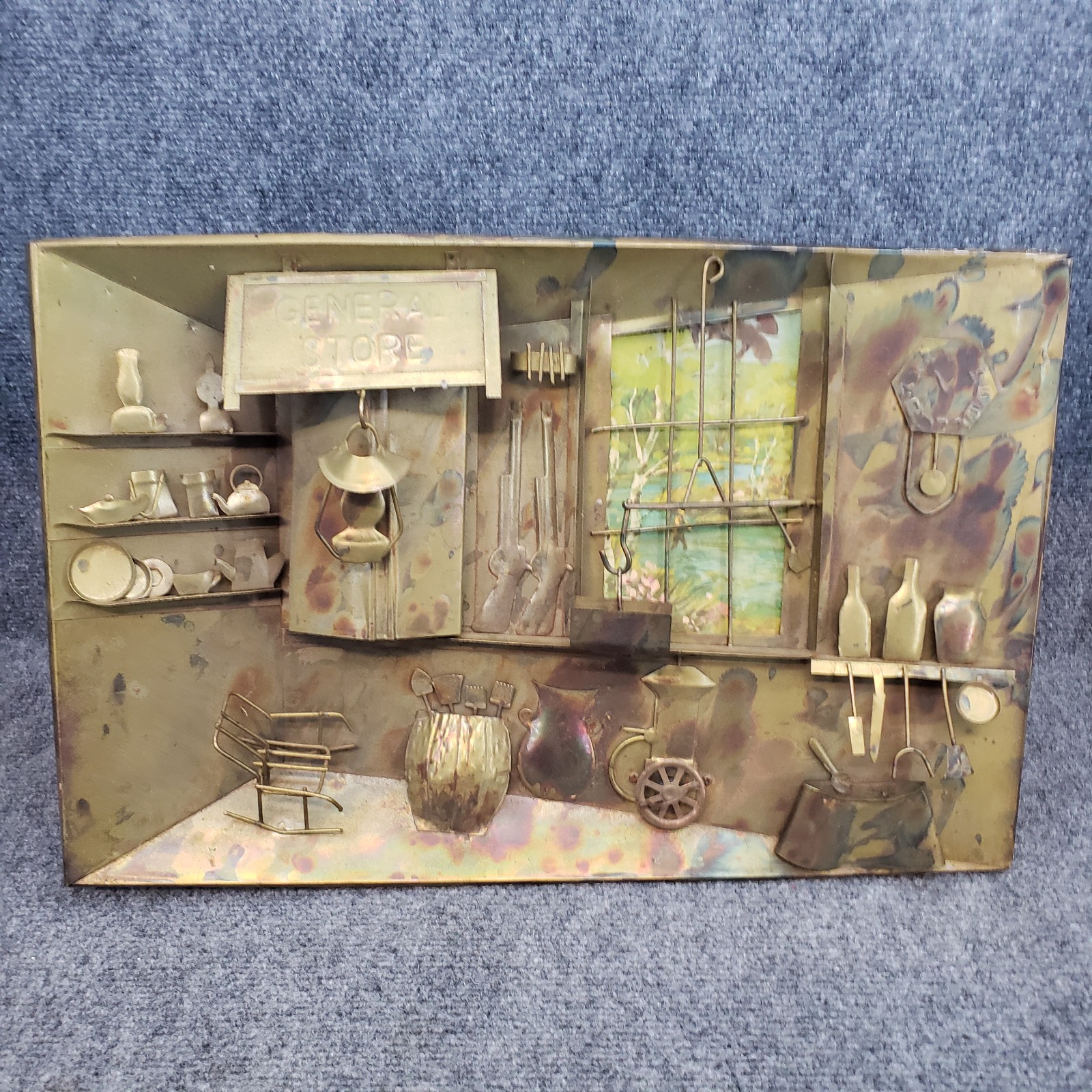 Vintage 1974 Enesco Copper 3D Folk Art General Store Wall Hanging