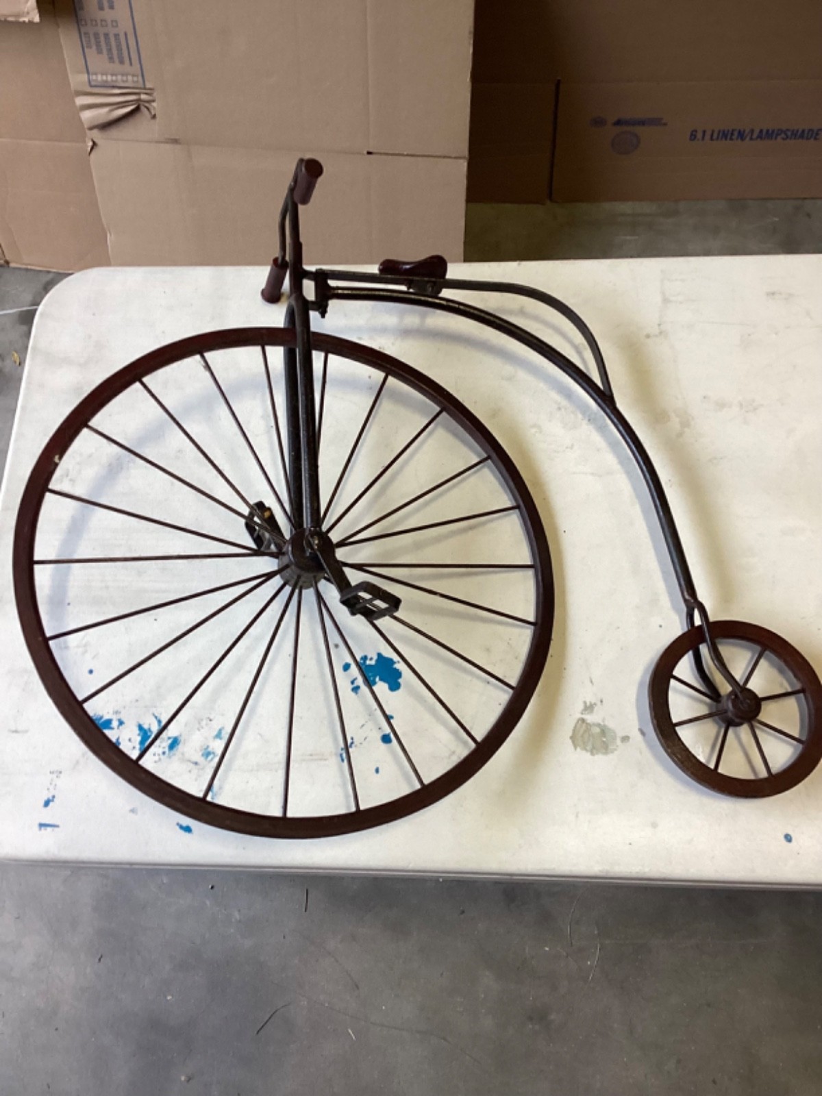 Metal Wire Rod Sculpture Antique High Wheel Bicycle Wall Display Art 25” x 25”