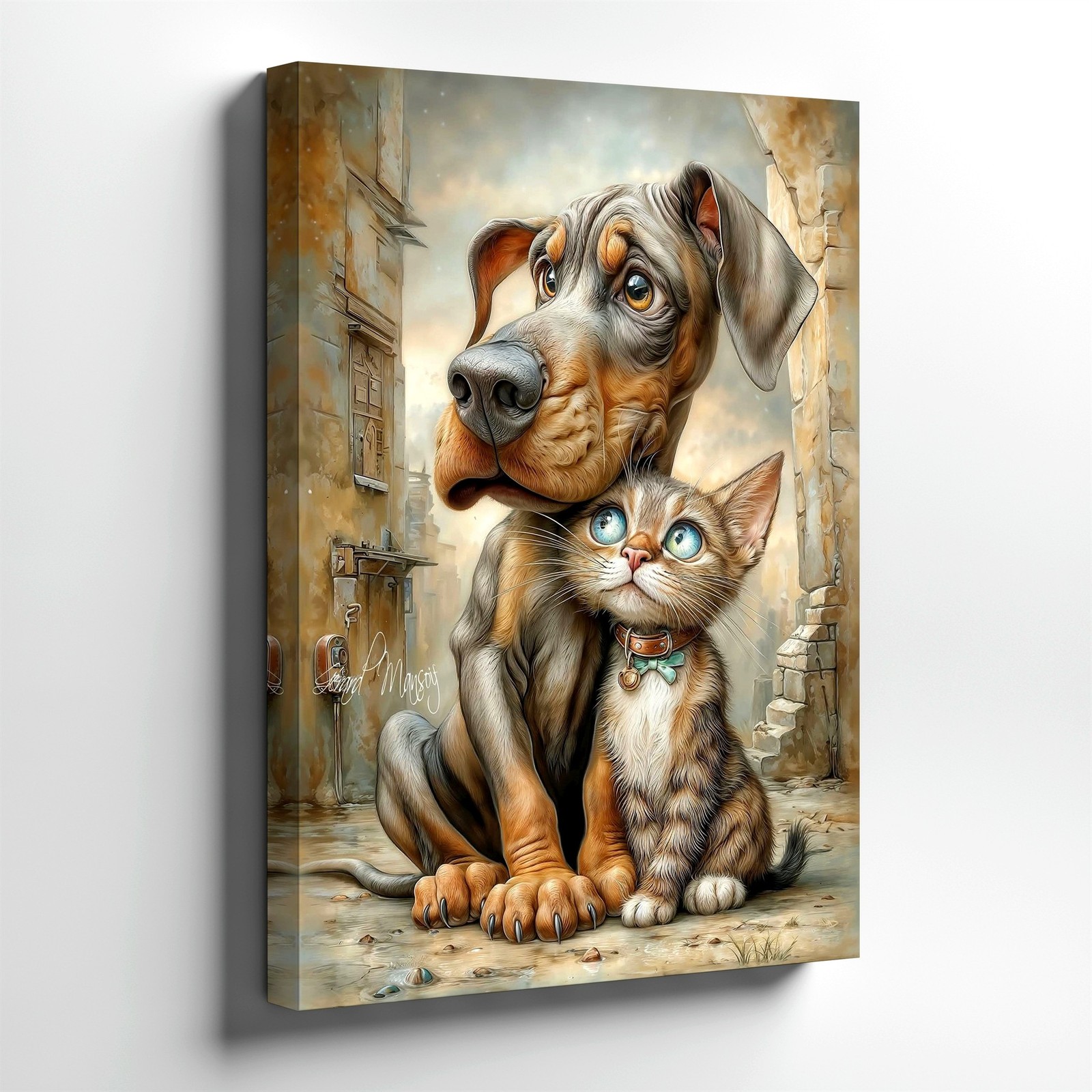 Wall Art Dog and Cat Portrait Canvas Print Cute Animal Friends Rustic Decor