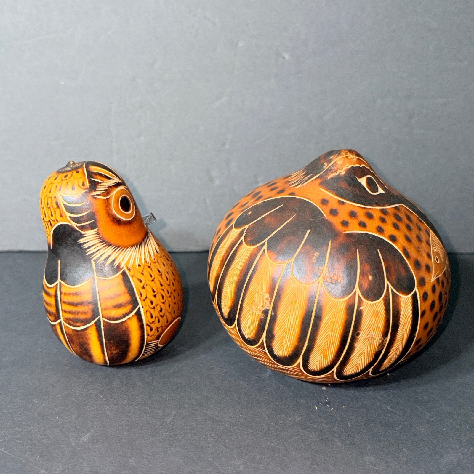 Peruvian Hand Carved Gourd Birds Decorative Figurine Peru Signed By Artist Set 2