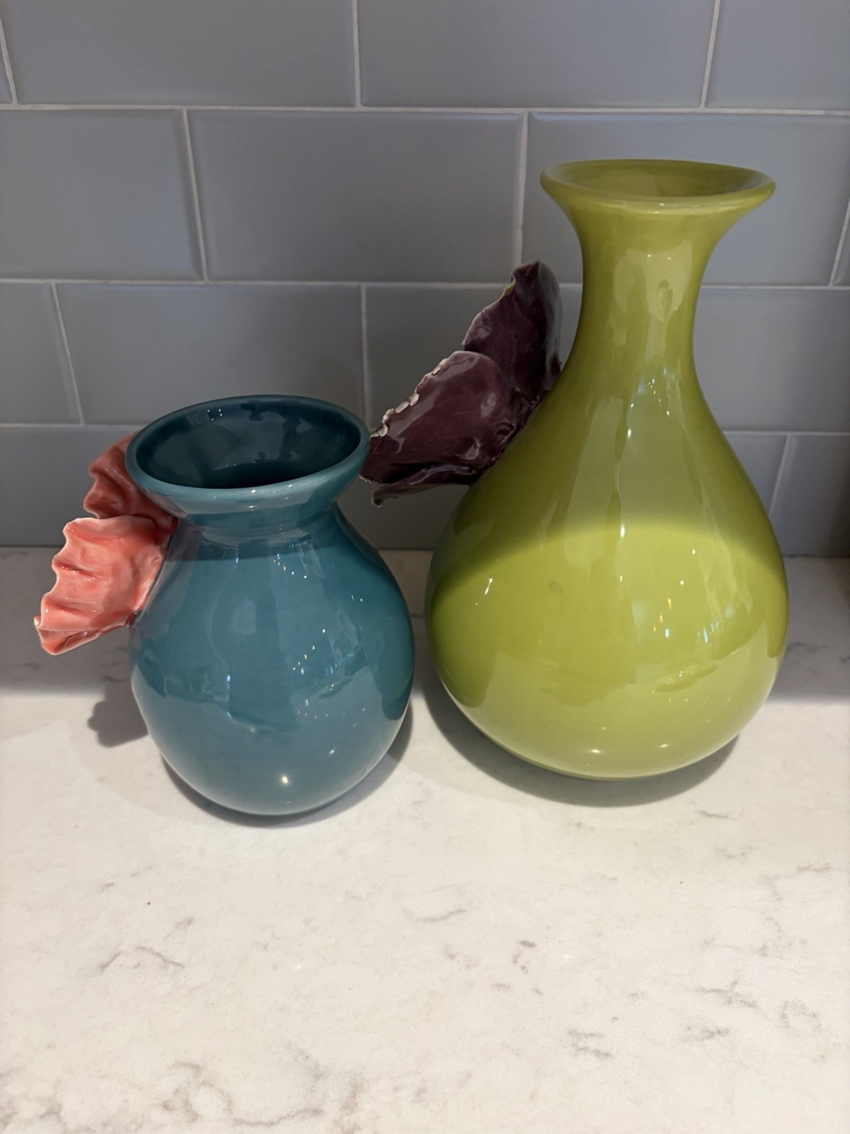 Anthropologie Poppy Flower Vases Set of 2 Green Purple Pink Floral Ceramic 3D