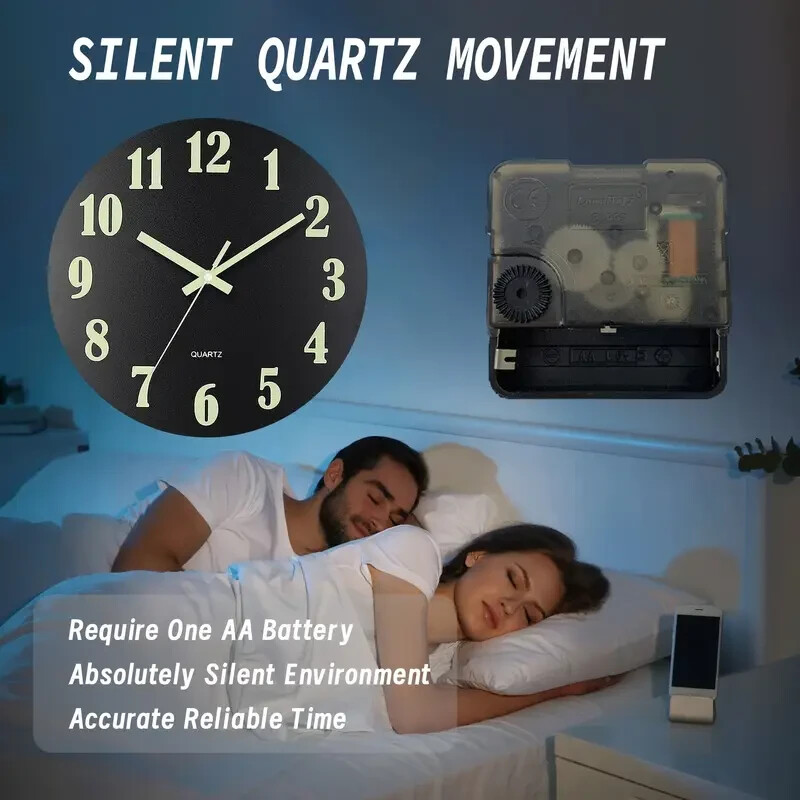 12” Wall Clock Large Luminous Quartz Night Light Glow In The Dark Silent Home