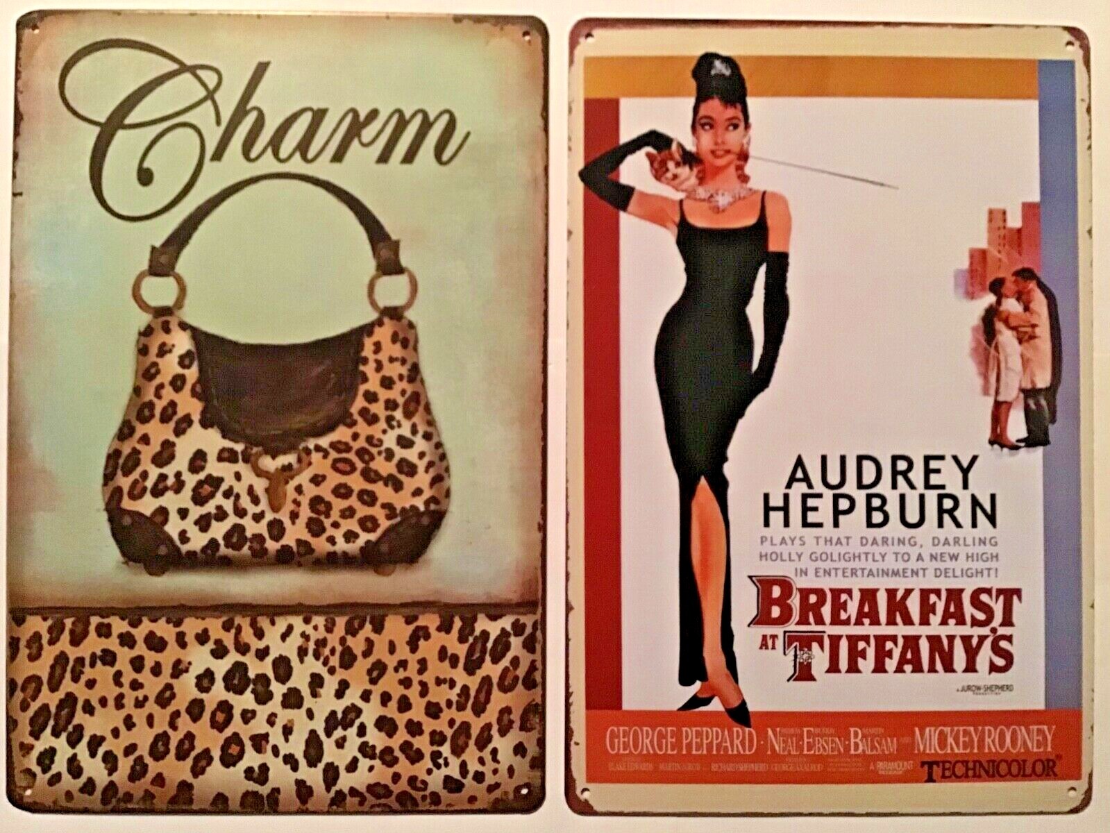 8×12 in TIN SIGNS 2pc SET Charm purse leopard Audrey Hepburn Breakfast Tiffanys