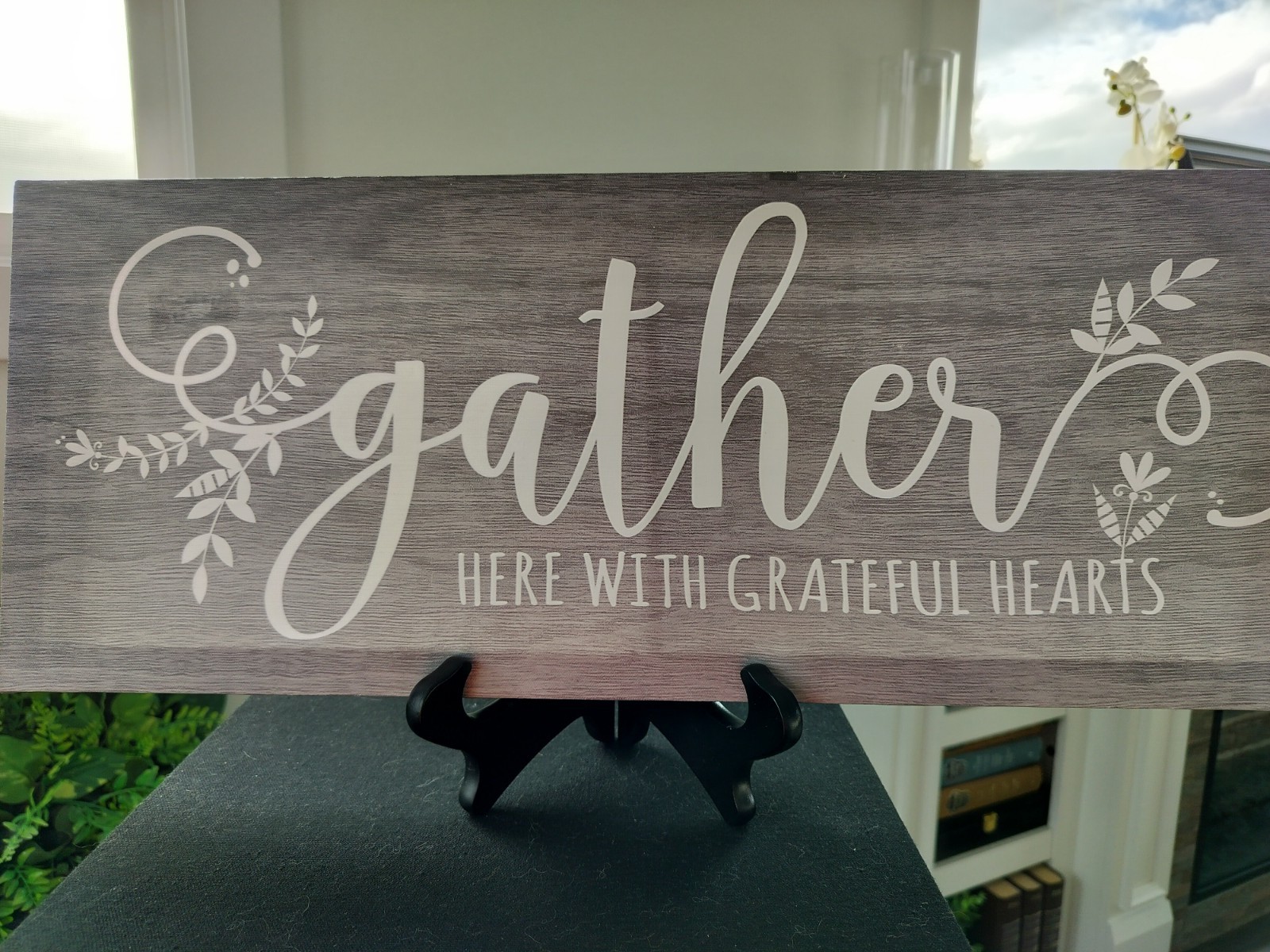 Gray “Gather” Sign, Canvas over wood frame