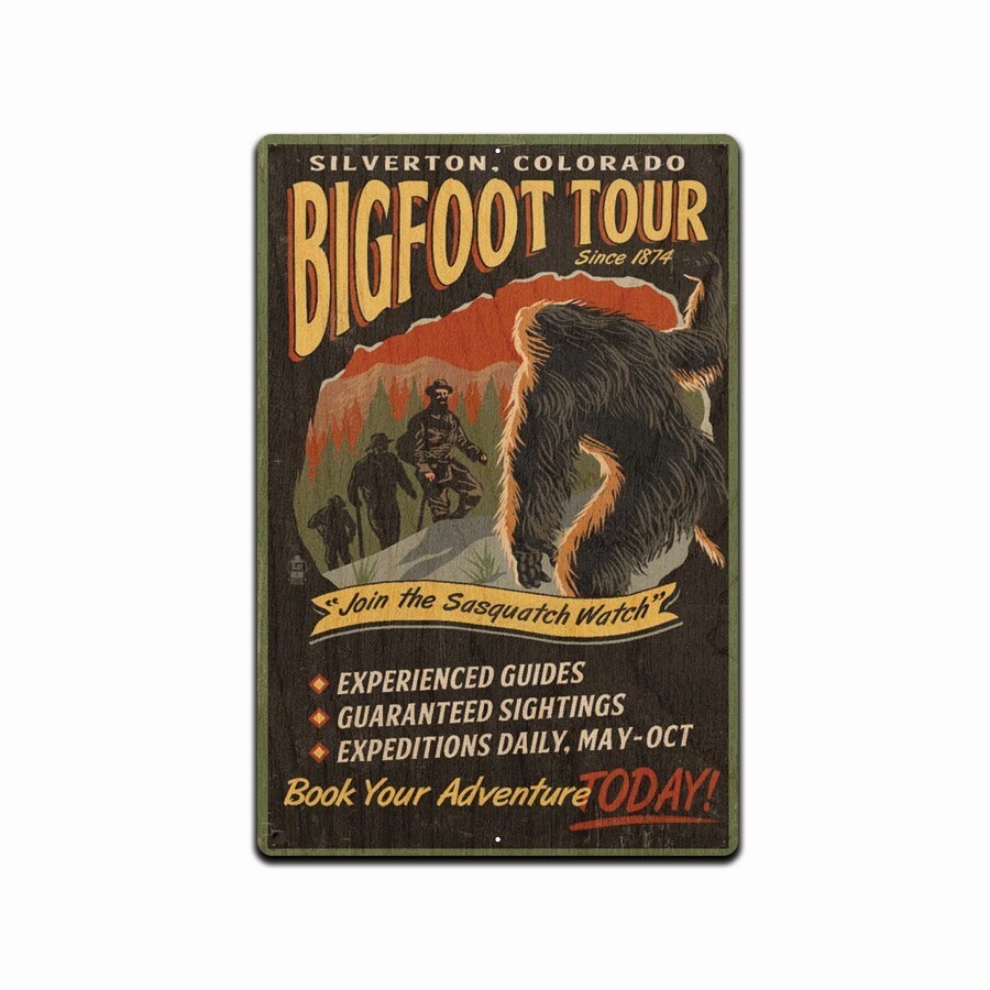 Bigfoot Tours, Vintage Sign RUSTIC RETRO TIN METAL ALUMINUM SIGN 8 X 12 IN