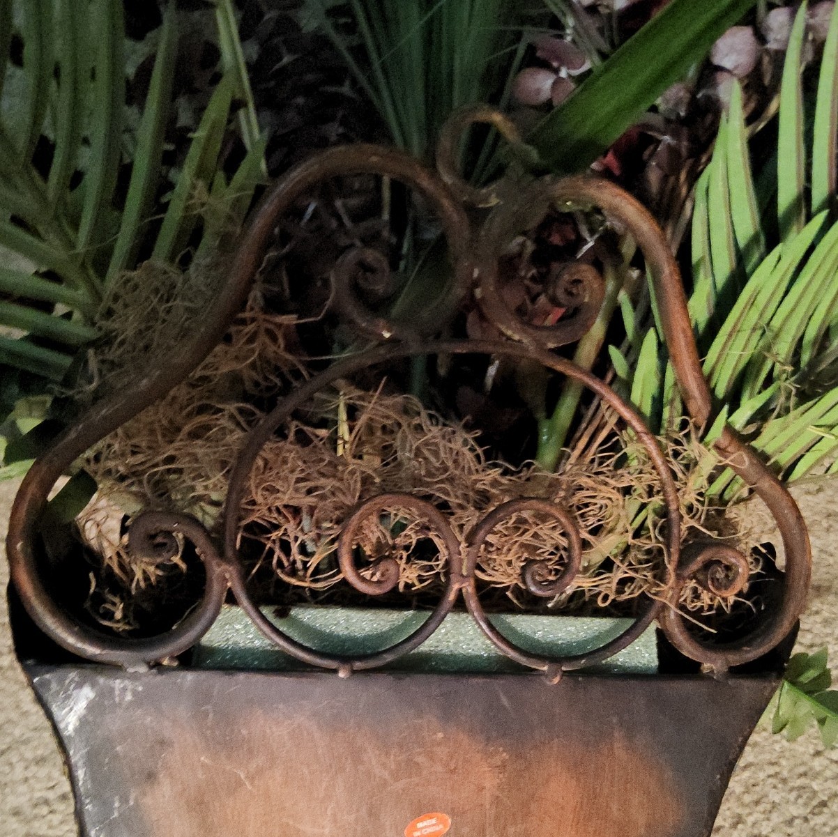Pair Metal Wall Planters w/ Artificial Fern & Red Flowers, Brown