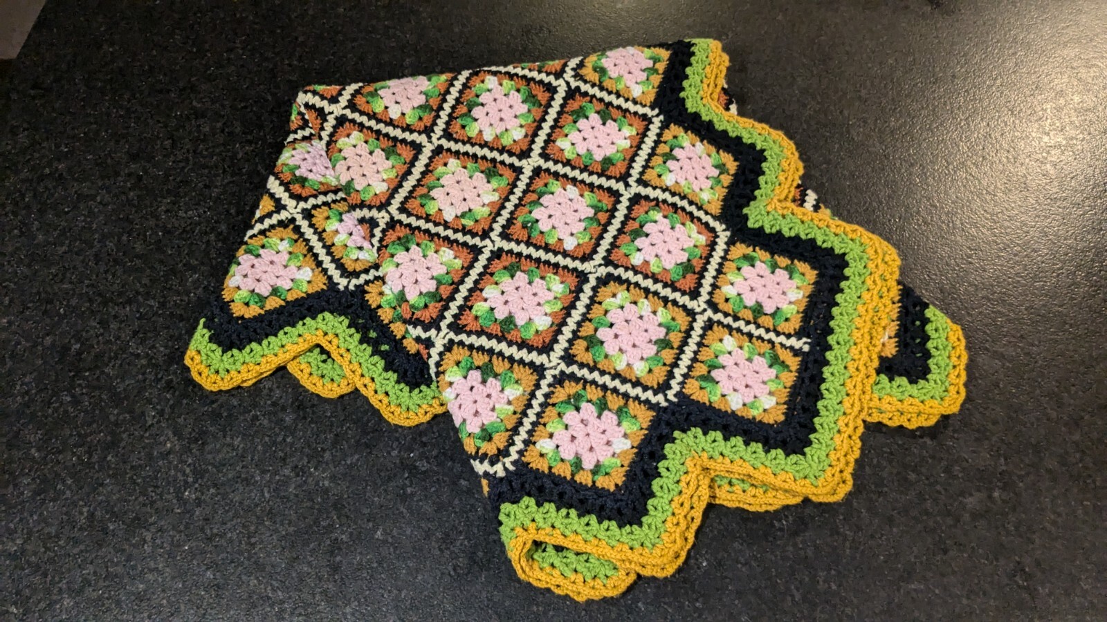 Hand Crocheted Granny Square Afghan Homemade Colorful Blanket Throw 45″ X 80″