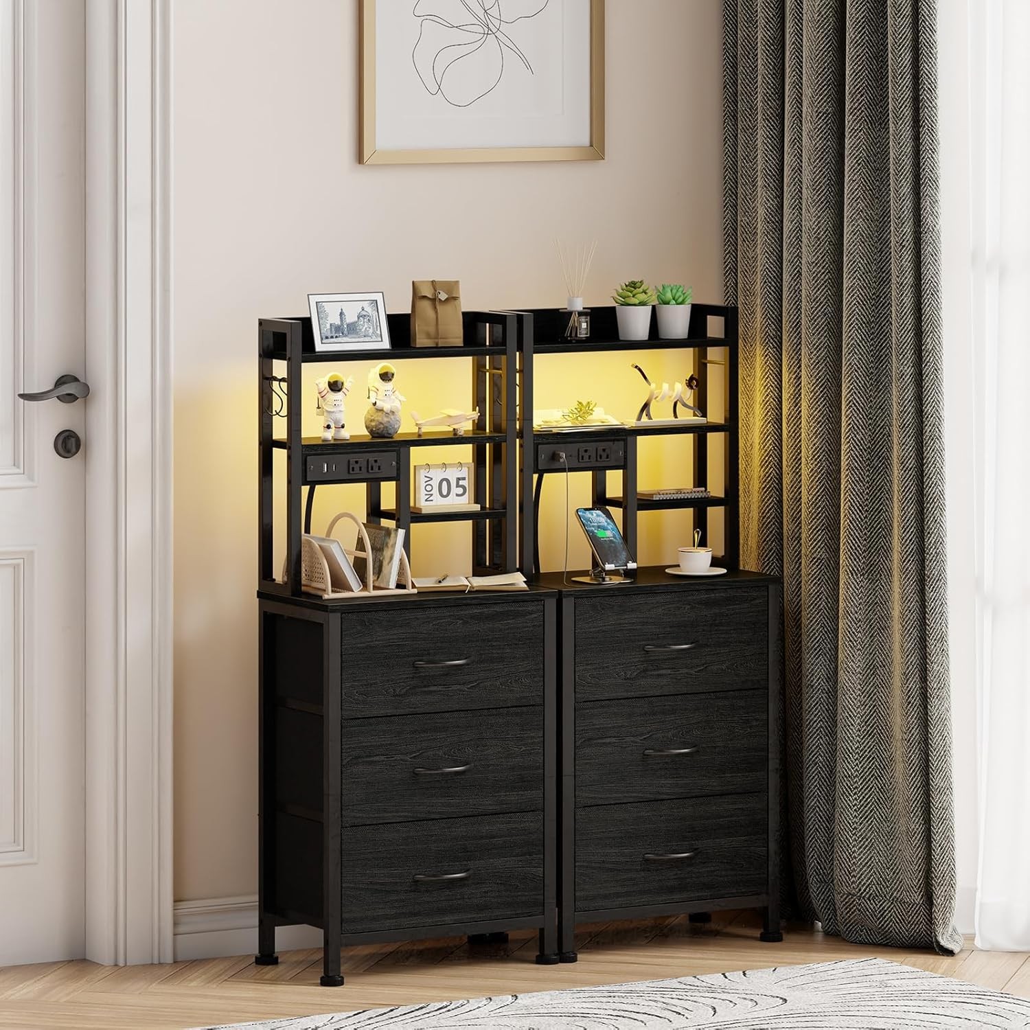 Tall Night Stand with 3 Fabric Drawers and LED Lights, Nightstand with