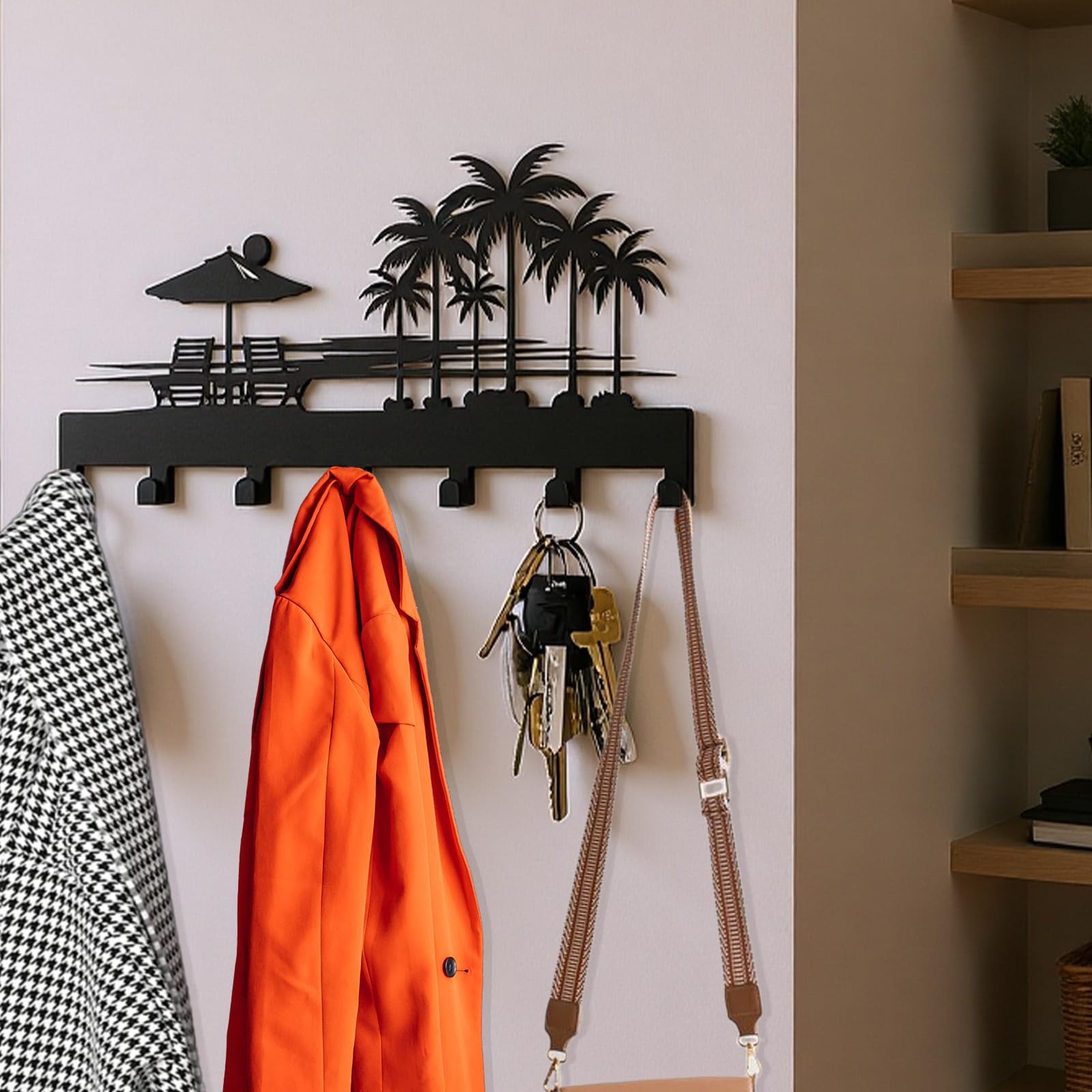 Tropical Style Key Holder Wall Mount Setting Sun and Coconut Trees