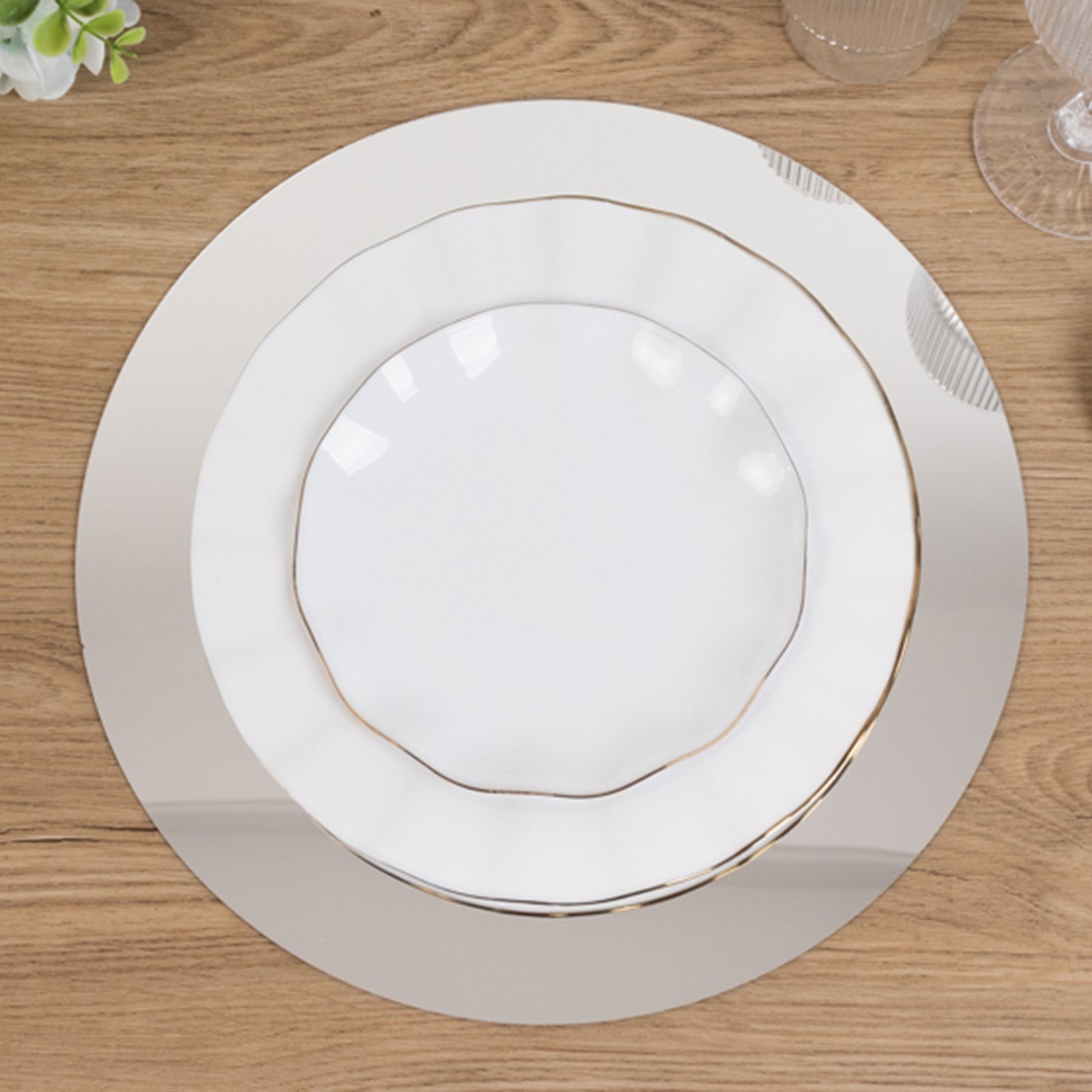 10 SILVER Round 12″ Decorative Mirror Plastic Charger Plates Wedding Events