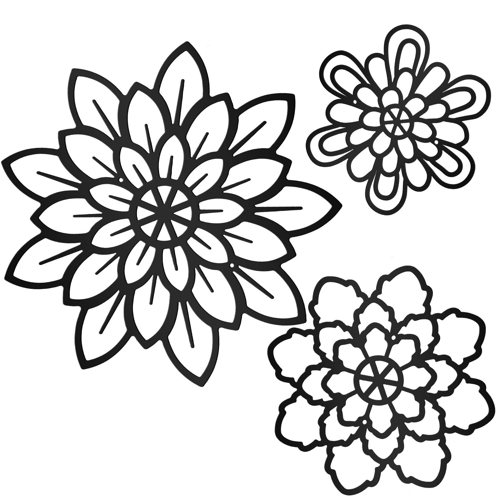 Modern Black Metal Flower Wall Art Set Of 3 Decorative Home Decor