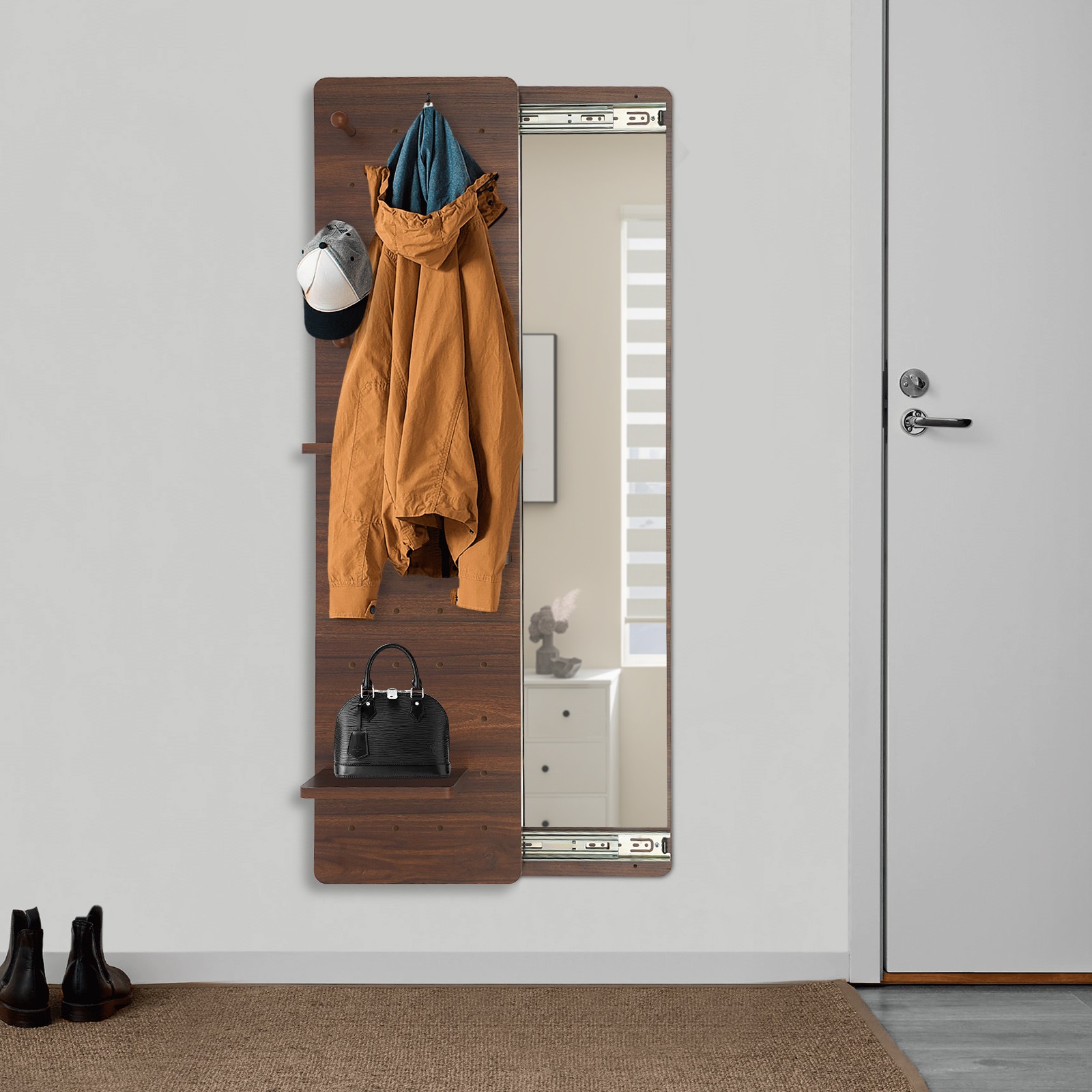 Wall-Mounted Full-Length Mirror with Pegboard, 3 Shelves & 6 Hooks Walnut