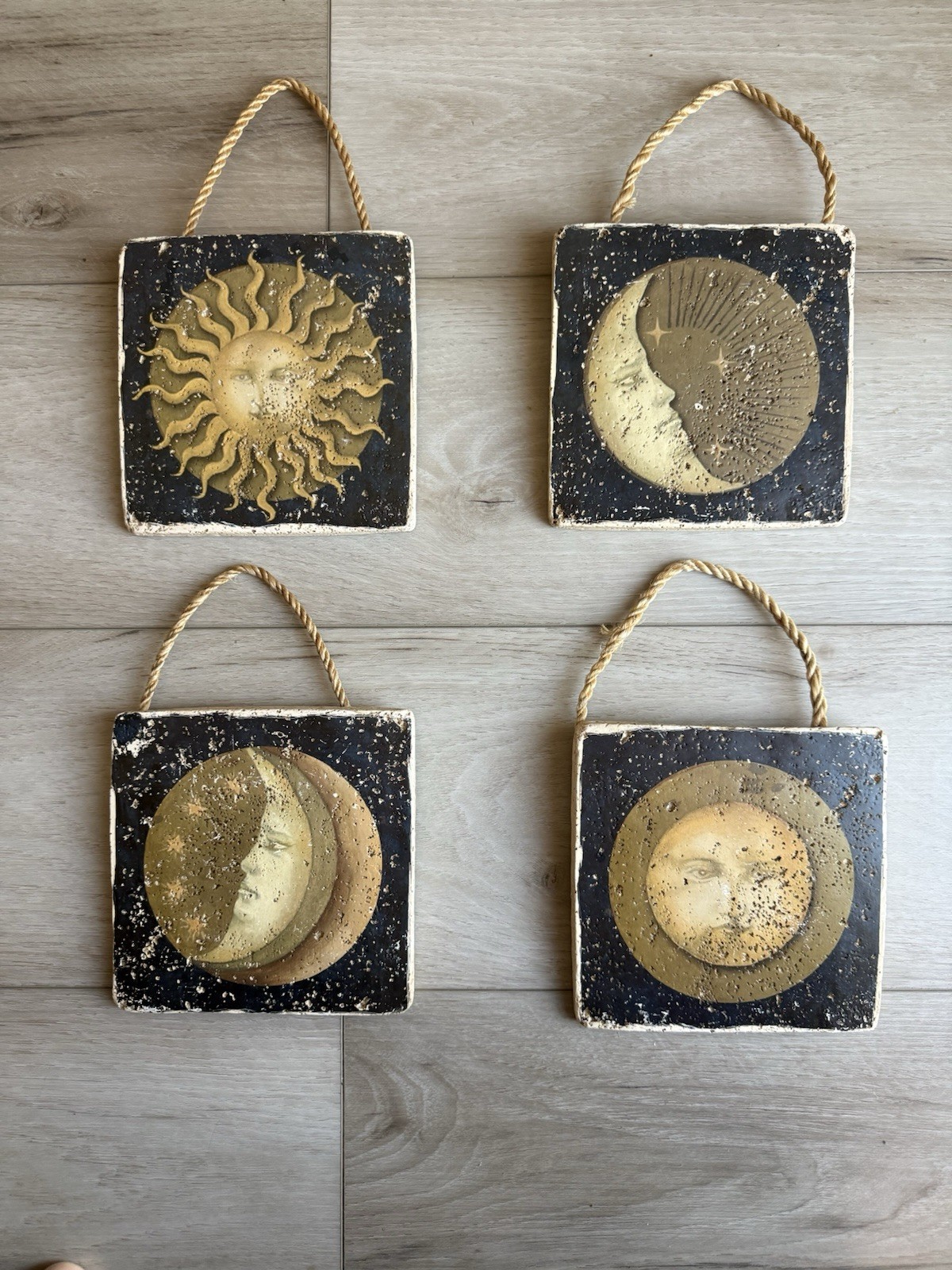 4 Vintage 1990’s Mary Beth Zeitz 6×6” Sun & Moon Celestial Wall Art Tiles RARE