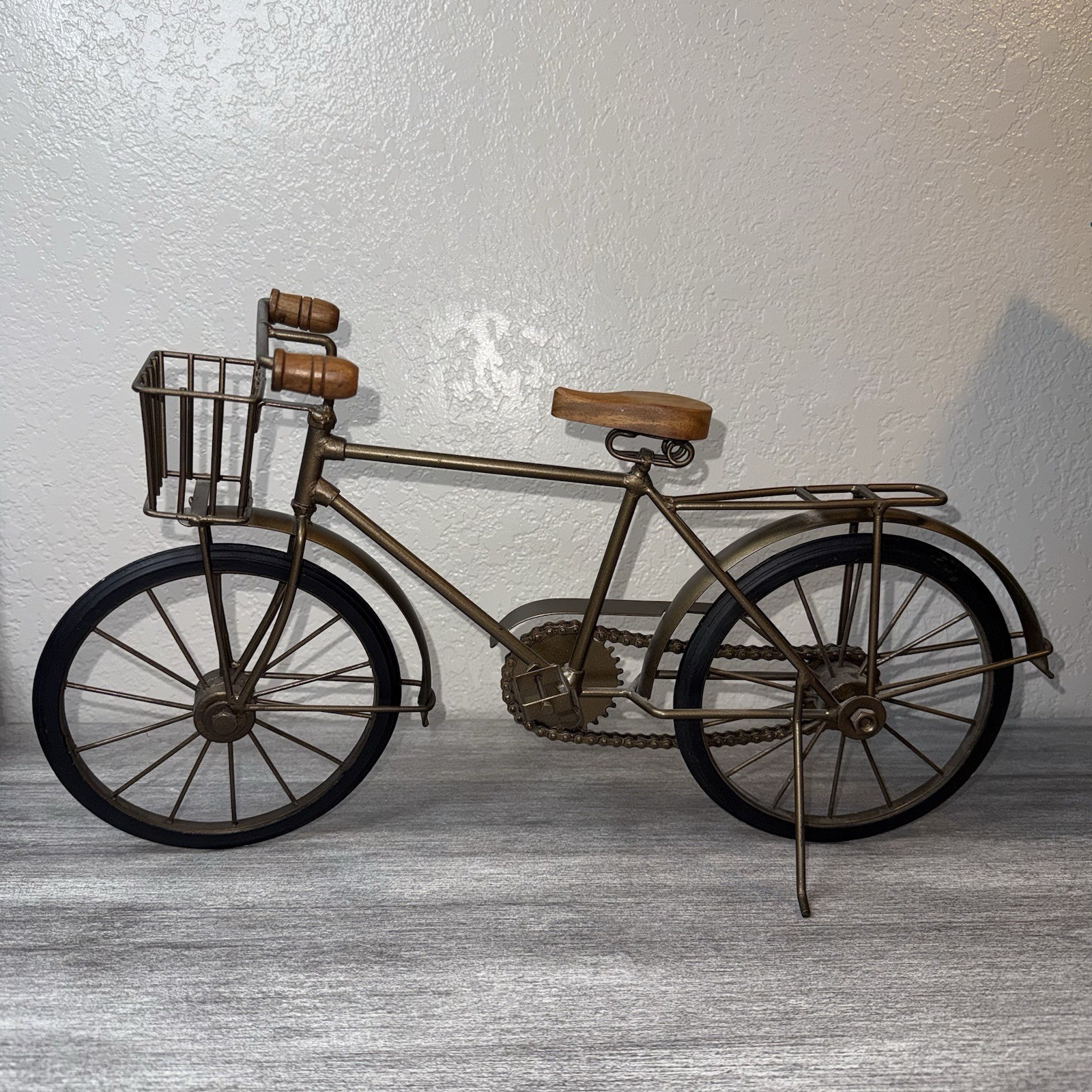 Bicycle Tabletop Home Decorative Metal Bike Sculpture Wood Seat Moveable Wheels