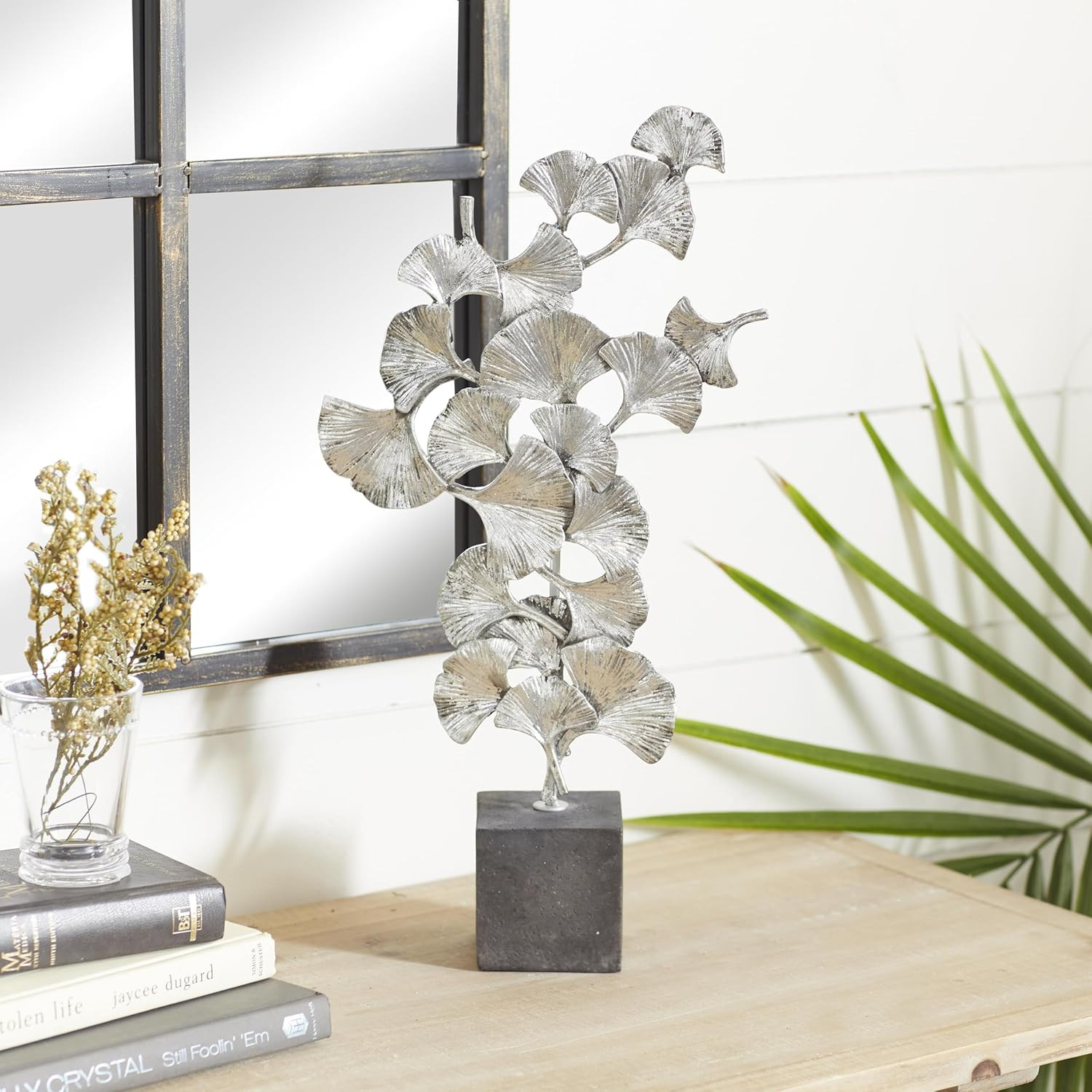 Polystone Floral Decorative Sculpture Home Decor Statue with Black Block Base, A