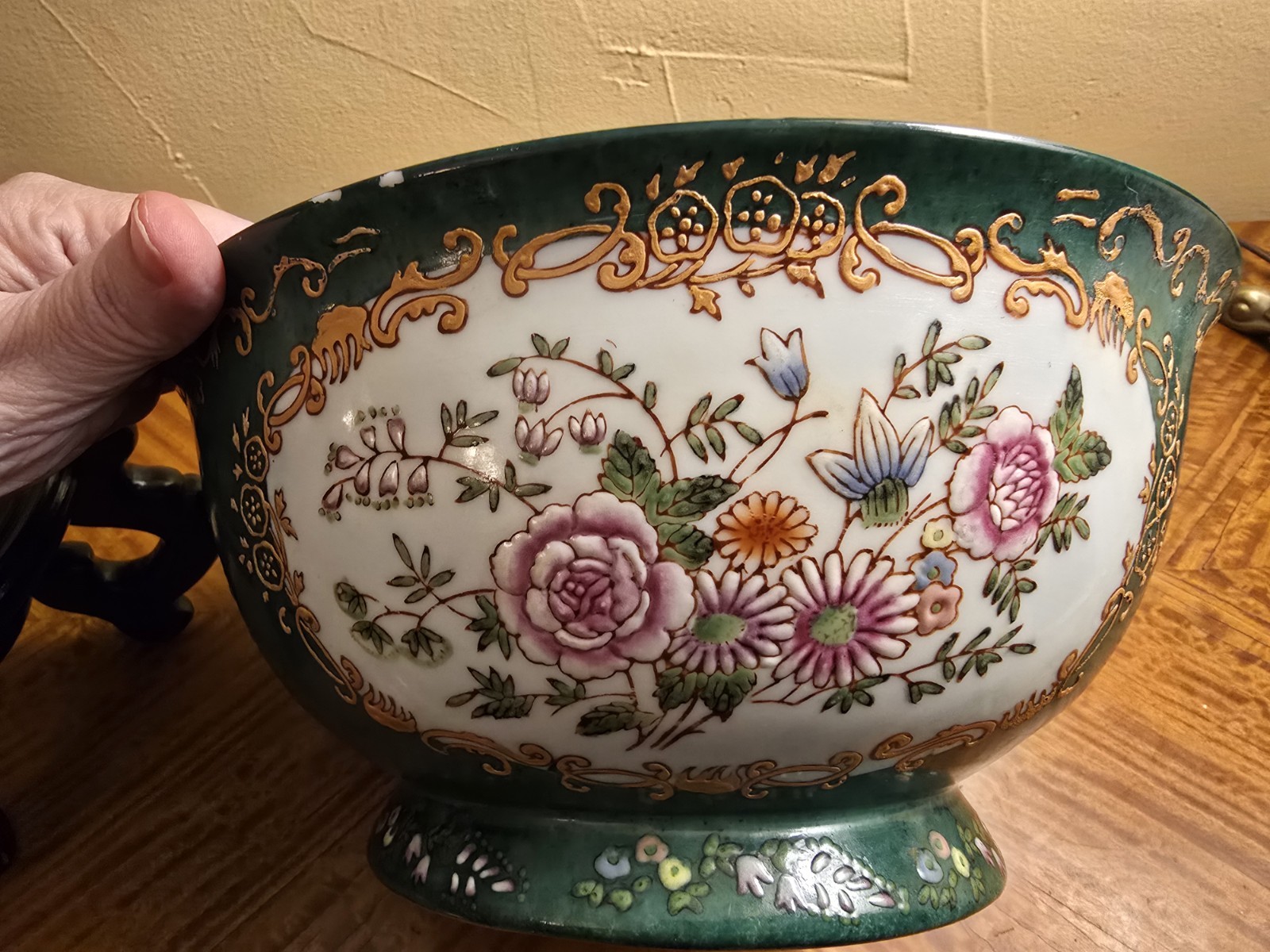10″ Green Glazed Decorative Footed Bowl w/ Enameled Floral Design & Gold Detail