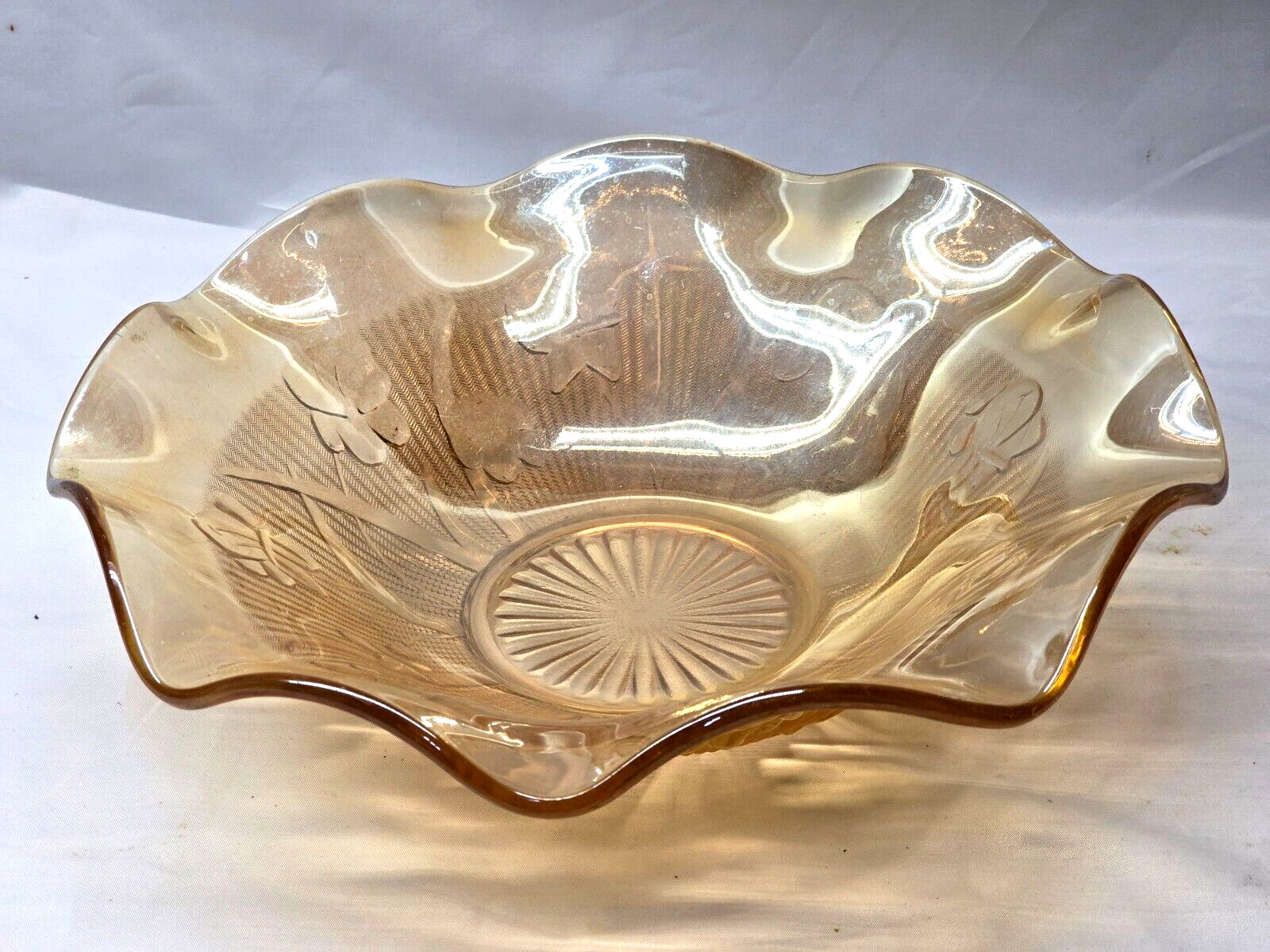 Jeannette Iris & Herringbone Carnival Glass Fruit Bowl 11.5″ Marigold