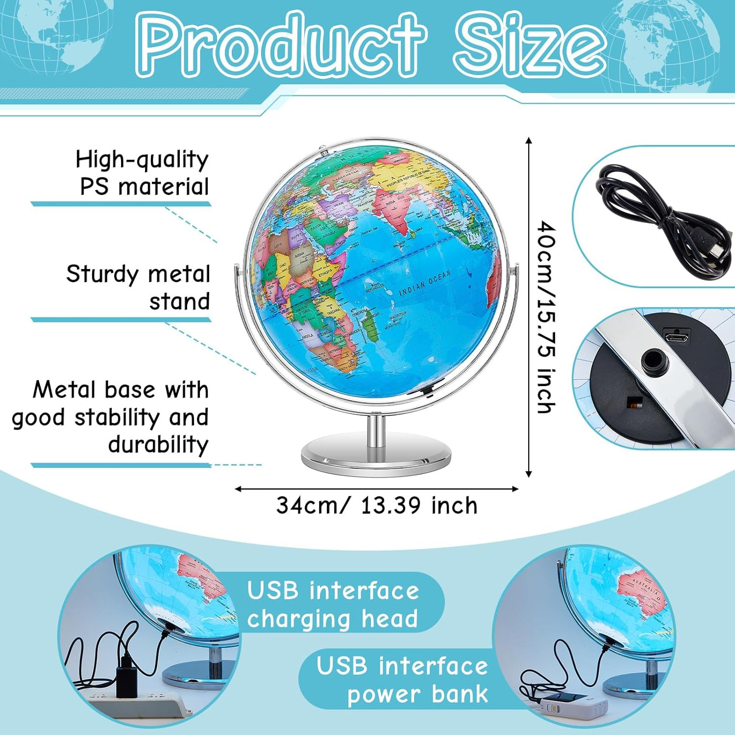 13” Illuminated World Globe for Adults – 720° Rotation & Rewritable K