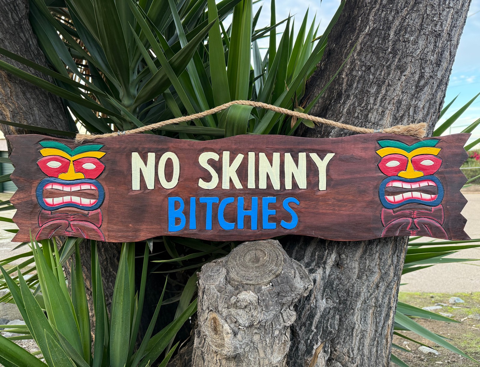 “No Skinny Bitches” Funny Tropical Wooden Wall Plaque with Tikis 39″x 10″