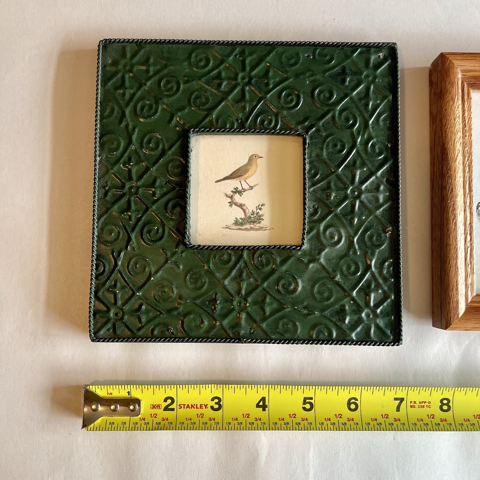 Vintage Wood Green Metal Picture Photo Frames w/ Fine Art Prints-Set of 2