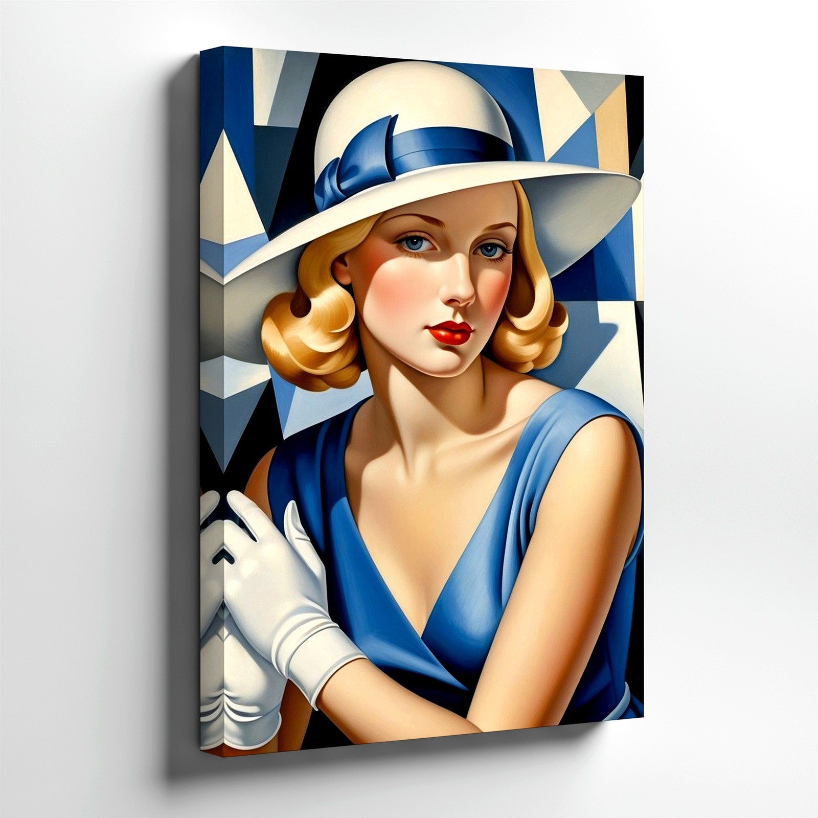 Wall Art Art Deco Woman Portrait Print Blue Dress White Hat Geometric Poster