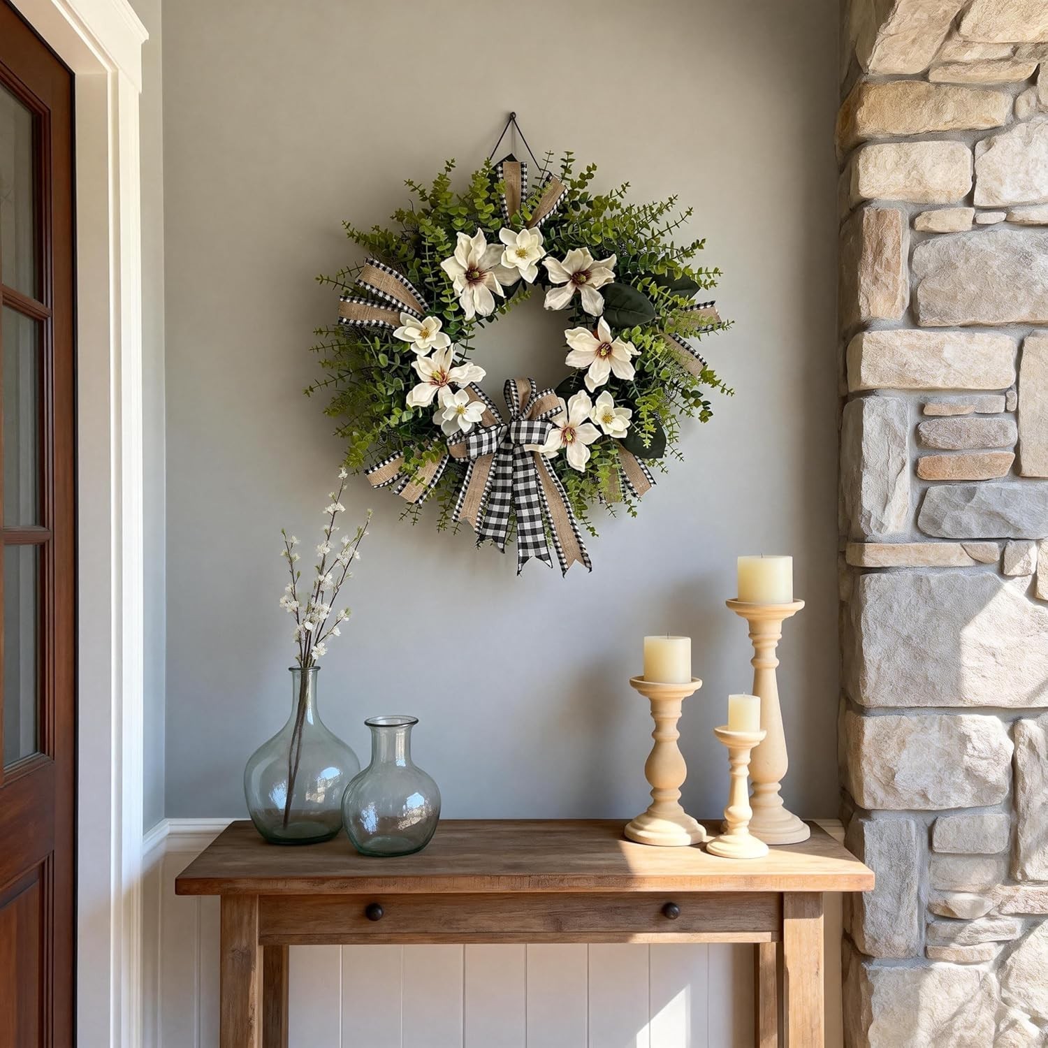 24 Inch Magnolia Wreath Farmhouse Door Decor Greenery Buffalo Plaid Bow