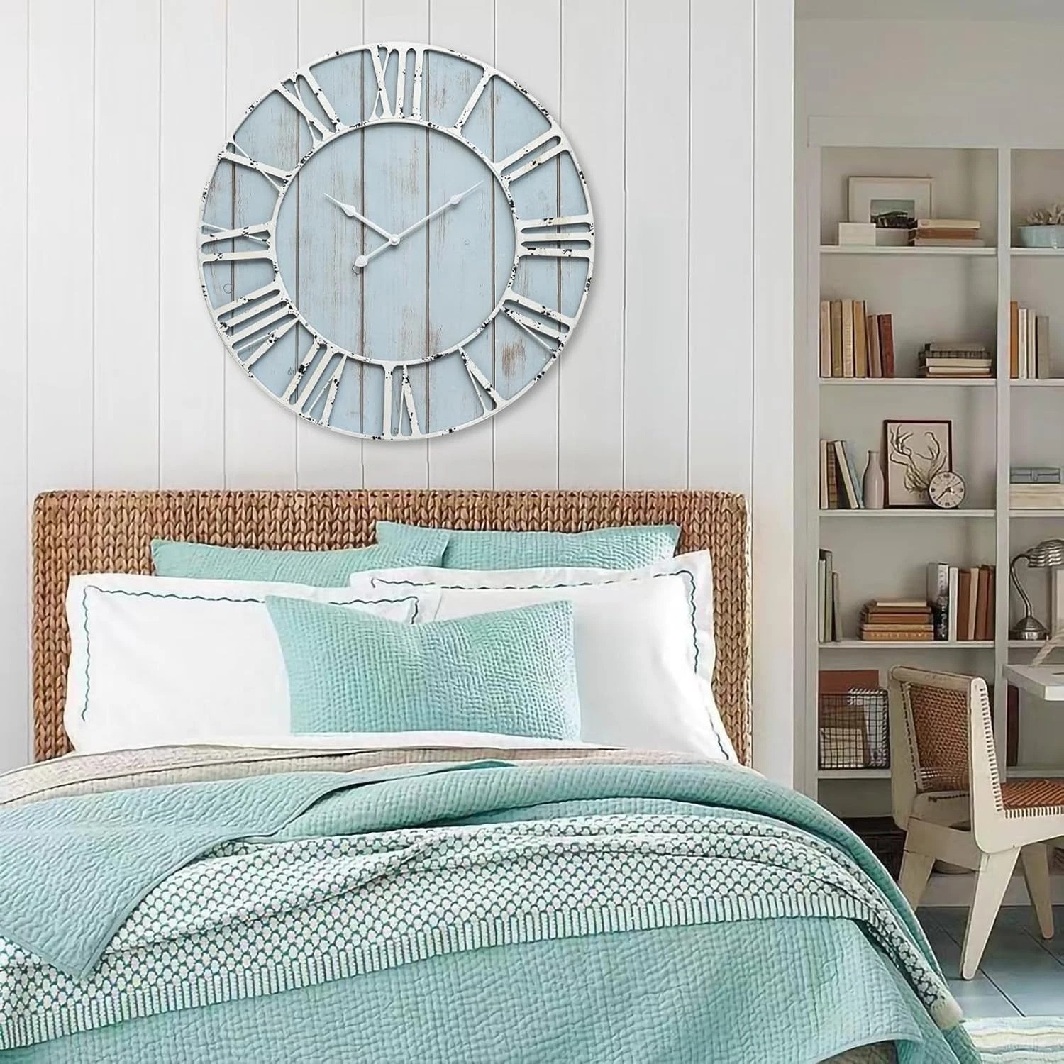 Large Farmhouse Wall Clock 24 Inch Vintage Blue Wooden Wall Clock with Quiet …