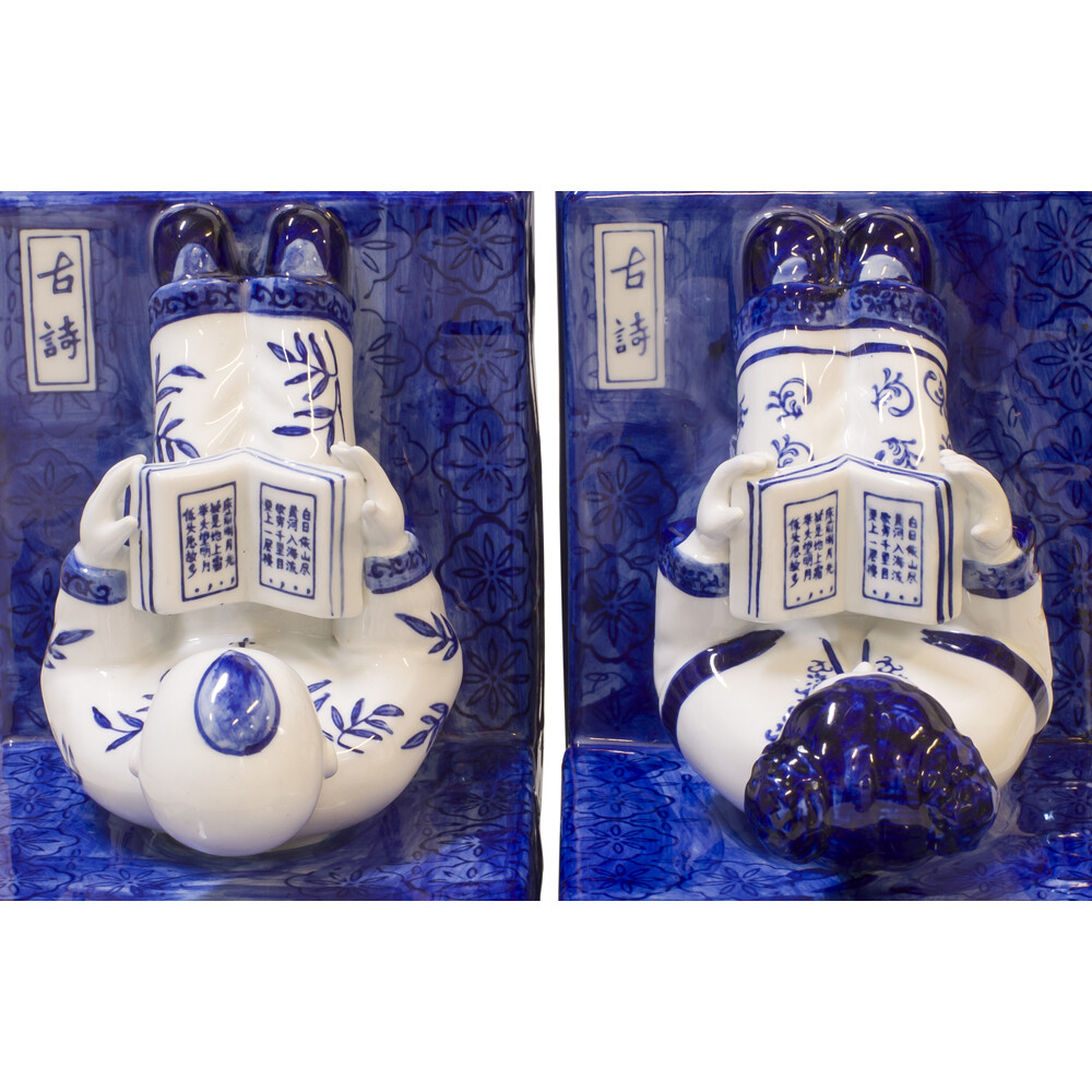 US Seller – Blue and White Porcelain Reading Boy and Girl Asian Bookends