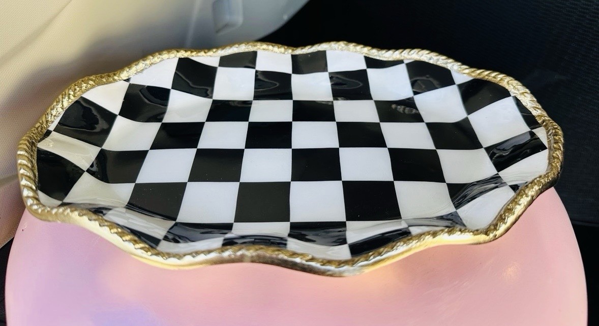 🤍🖤 New Black & White Checked Enamel Golden Metal Trinket Tray