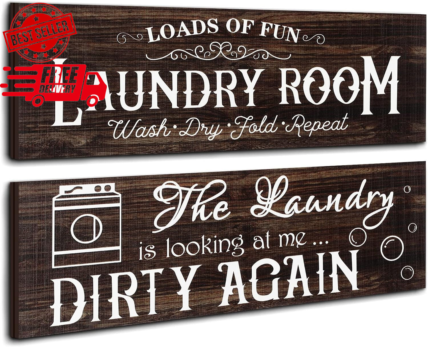 Rustic Wooden Laundry Room Signs – Vintage Farmhouse Wall Decor (Set of 2)