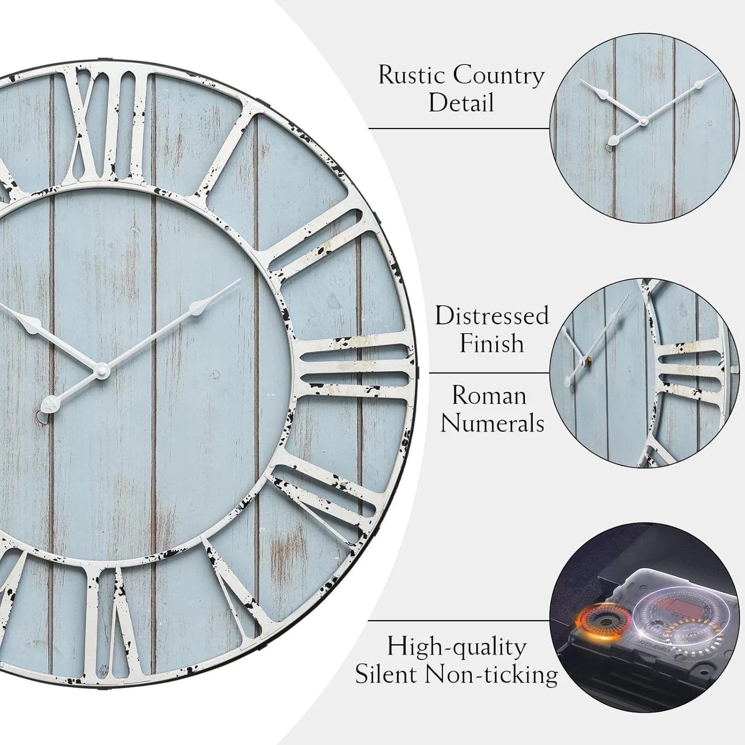 Large Farmhouse Wall Clock 24 Inch Vintage Blue Wooden Wall Clock with Quiet …