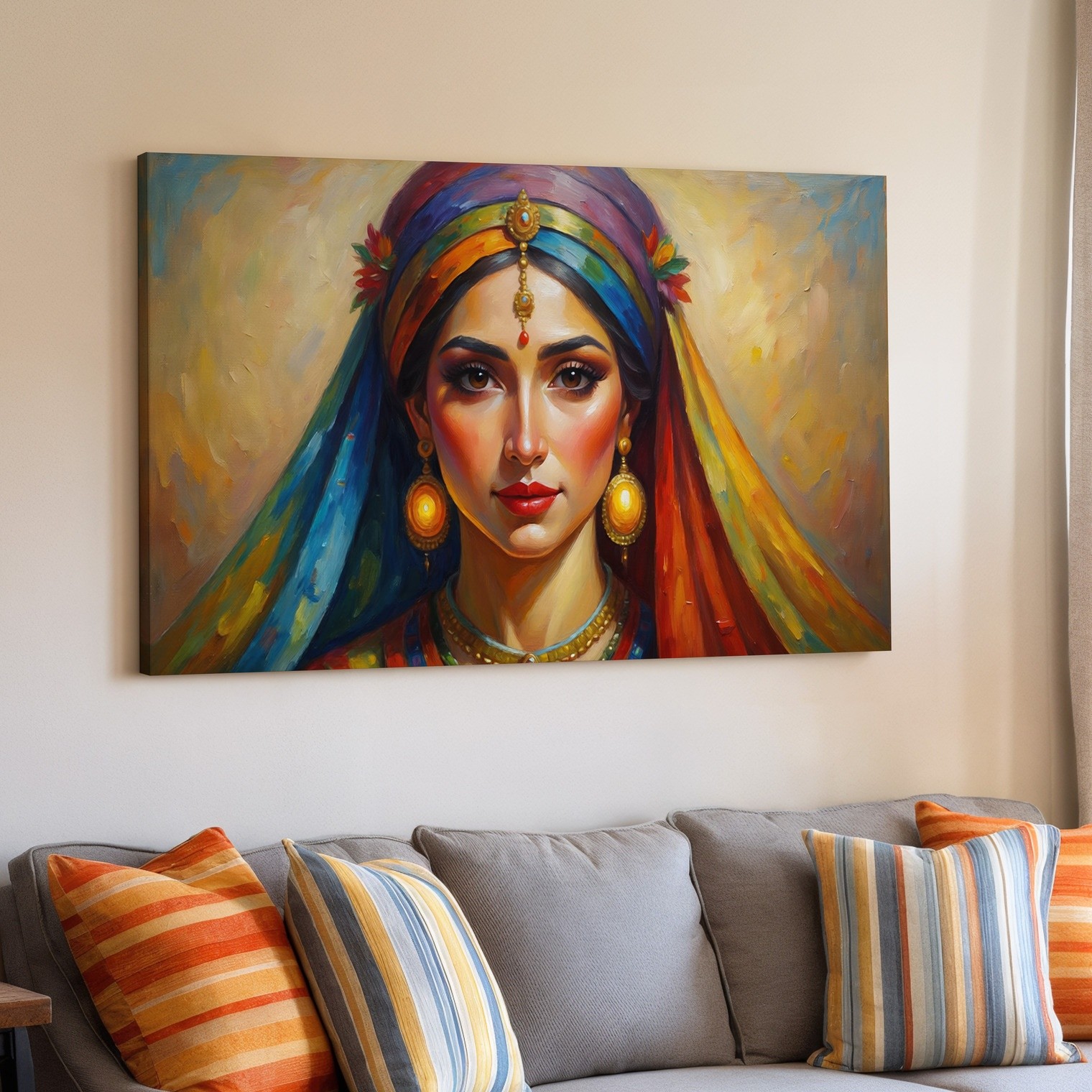 Beautiful ethnic woman portrait canvas wall art vibrant colorful headscarf print