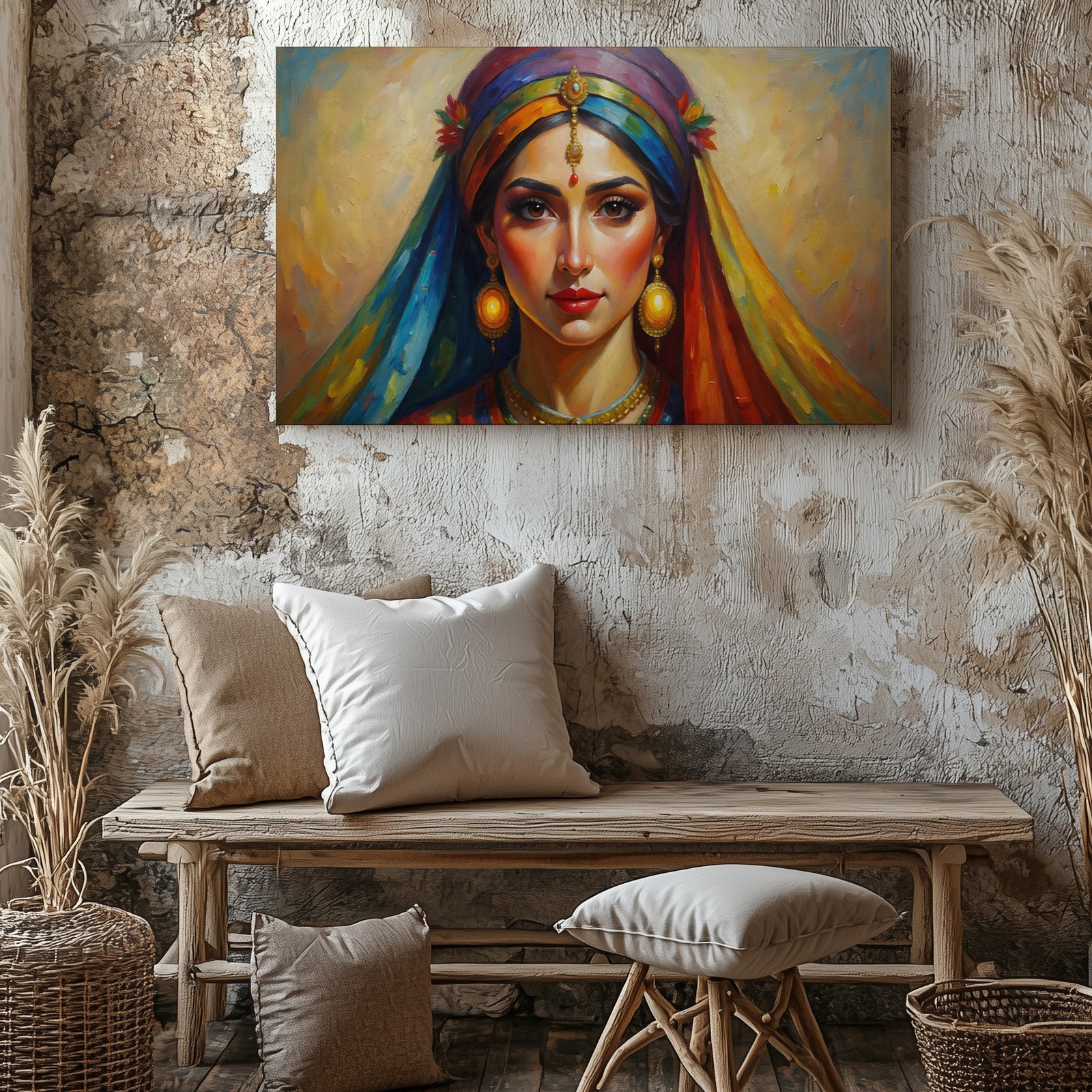 Beautiful ethnic woman portrait canvas wall art vibrant colorful headscarf print