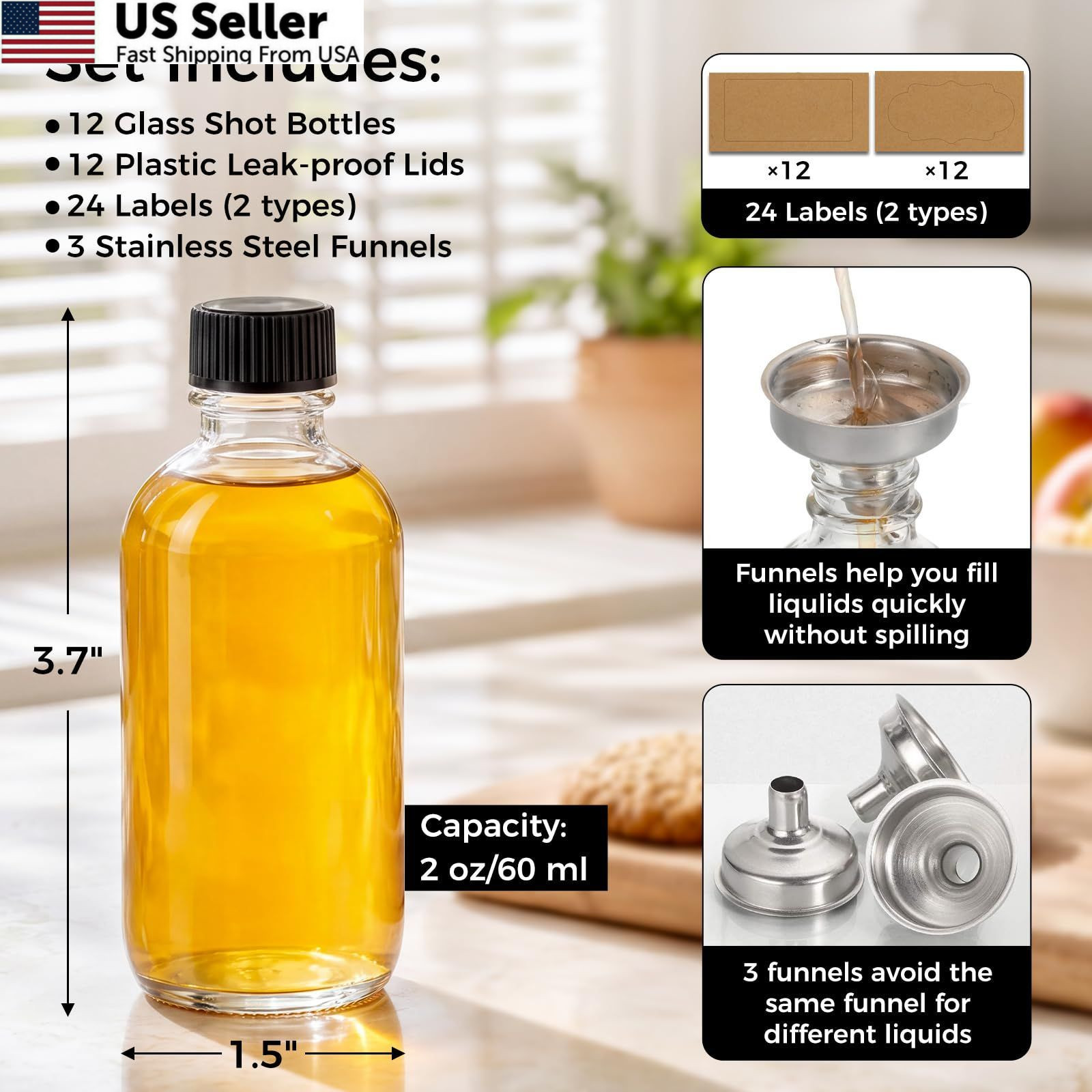 AOZITA 12 Pack, 2 oz Small Clear Glass Bottles w/Lid & 3 Funnels – 60ml