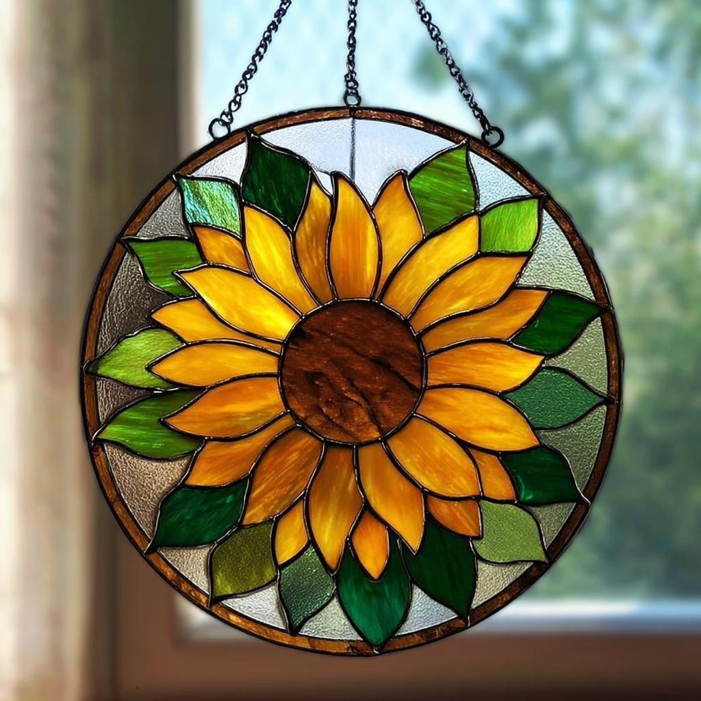 Golden Sunflower Stained Glass Suncatcher, Bright Yellow Window Hanging