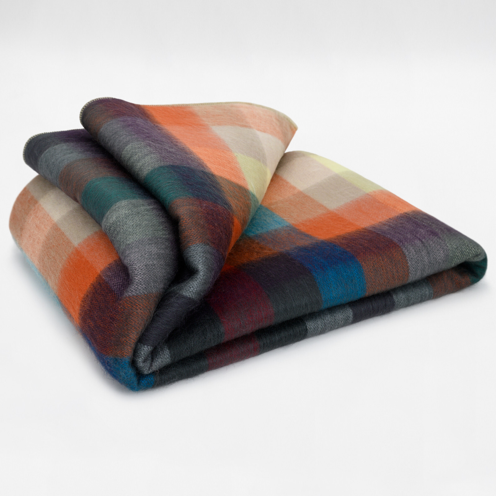 COZY CHECKER ALPACA WOOL BLANKET 96″ x 66″ MULTICOLOR PLAID IN ORANGE BLUE BROWN