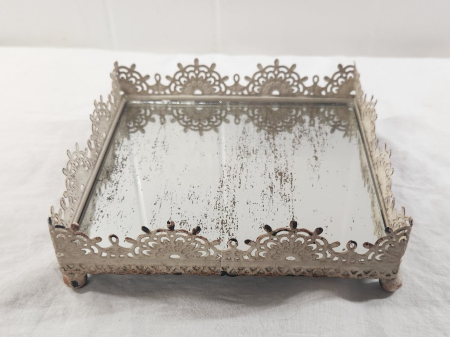 Mirrored Metal Square Vanity Tray Display Footed Elegant Perfume Stand