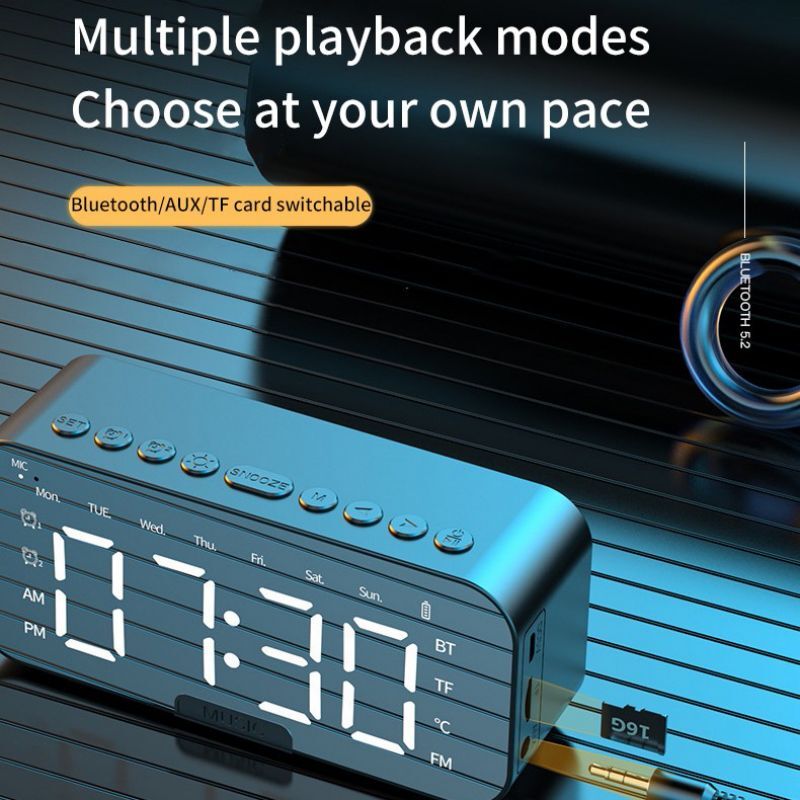 Portable Digital Alarm Clock FM Radio Wireless Bluetooth Mirror LED With Speaker