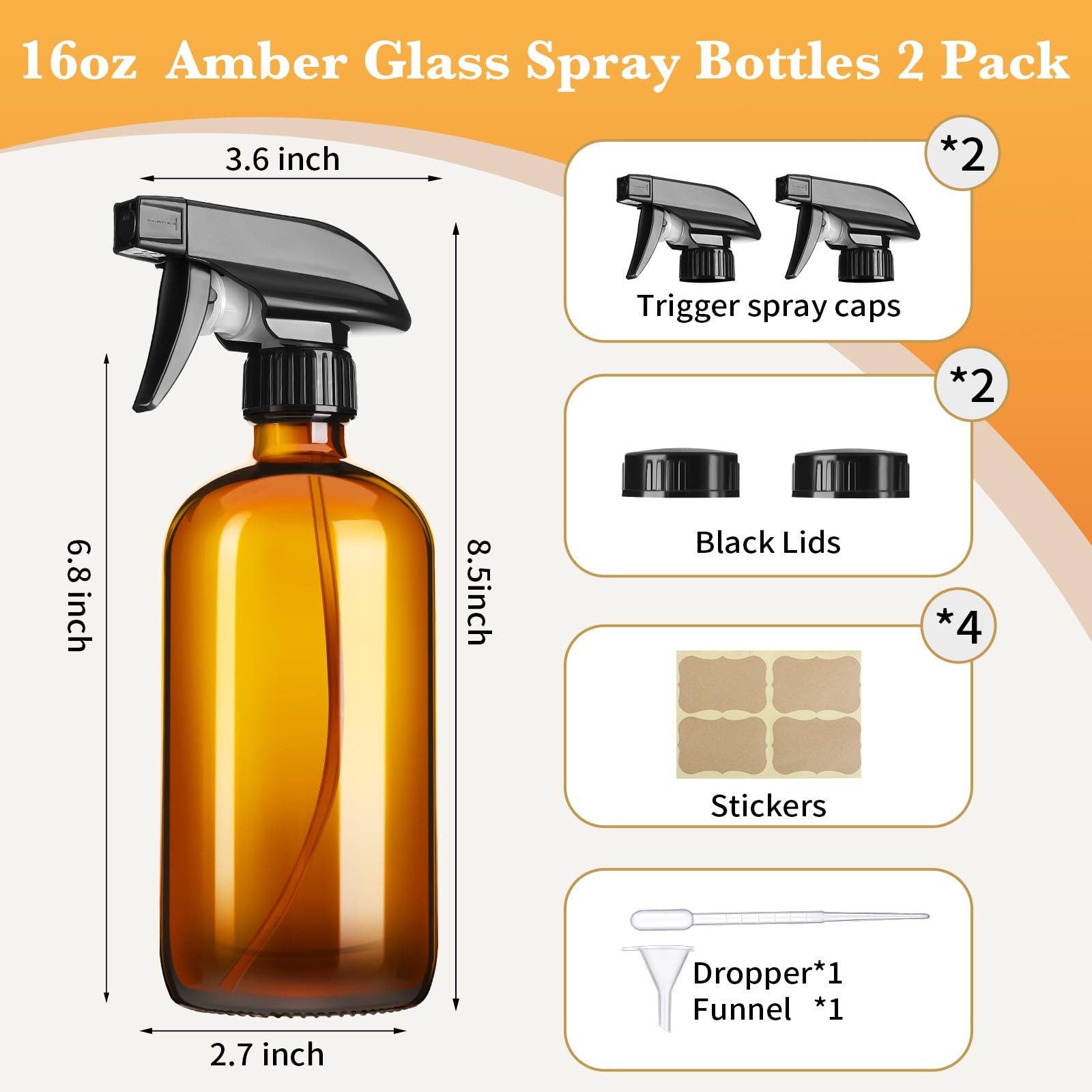 2 Pack Amber Glass Spray Bottles 16 Oz Refillable Bottles