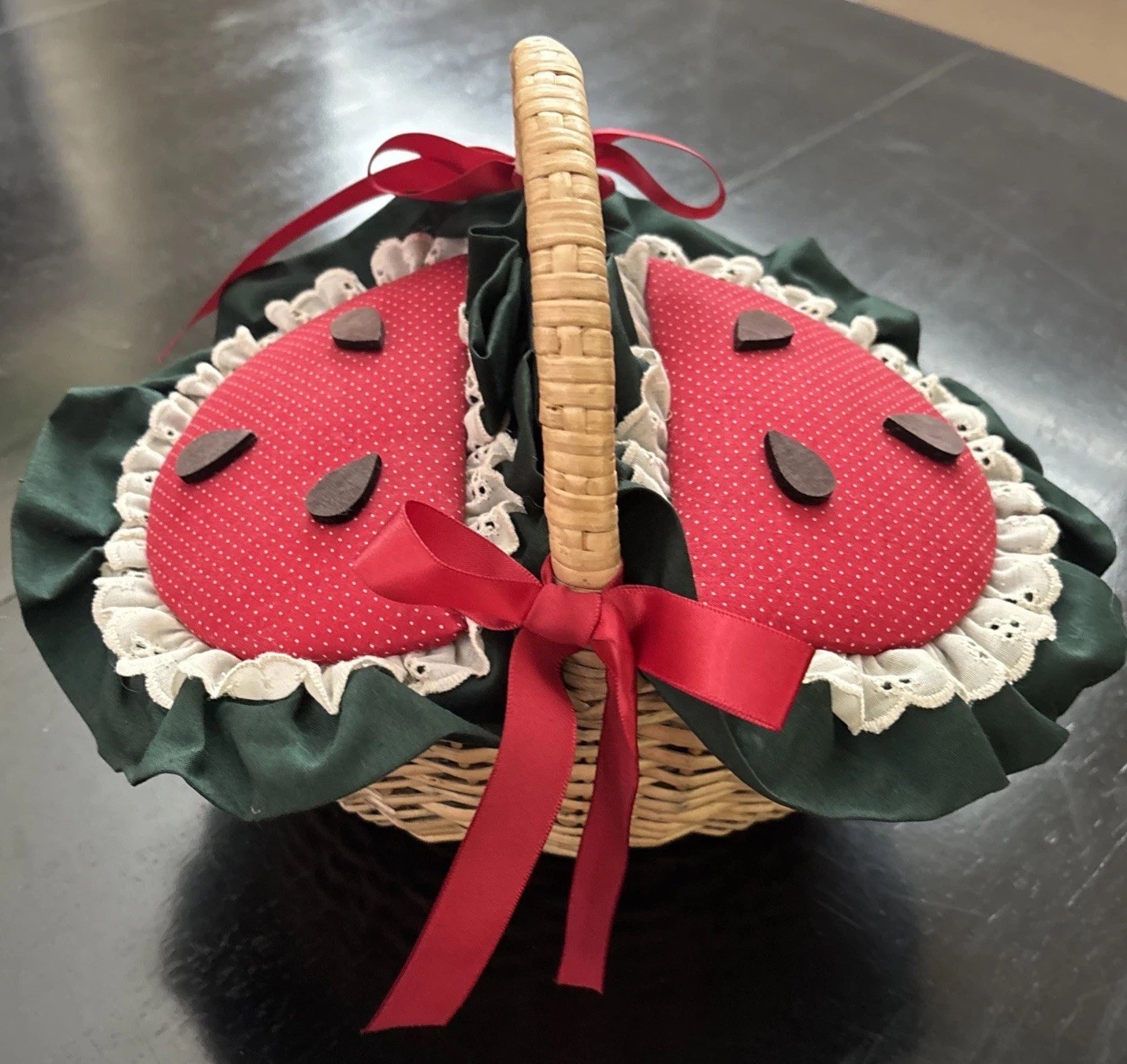 Vintage Oval Wicker Watermelon Topped Basket w/Handle 9” Tall With Handle