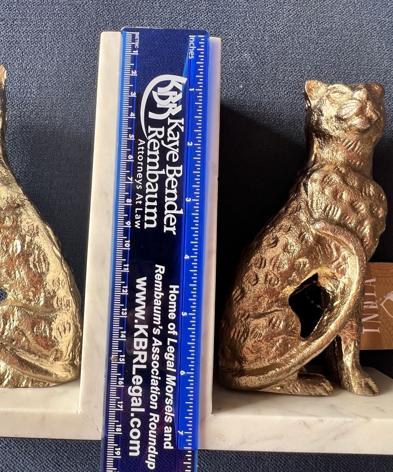 Pair Cheetah Leopard Bookends Marble Alabaster Base Gold White 7.25″H Elegant