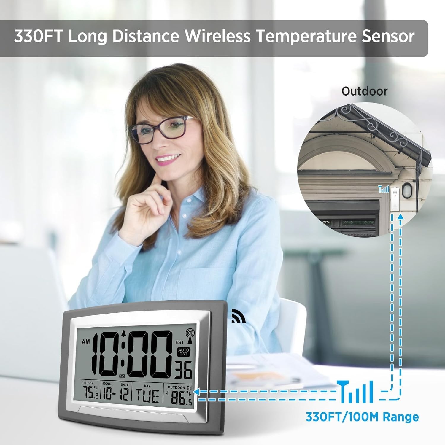 WallarGe Atomic Clock with Outdoor and Indoor Temperature – 12.5 Inch Self-Setti