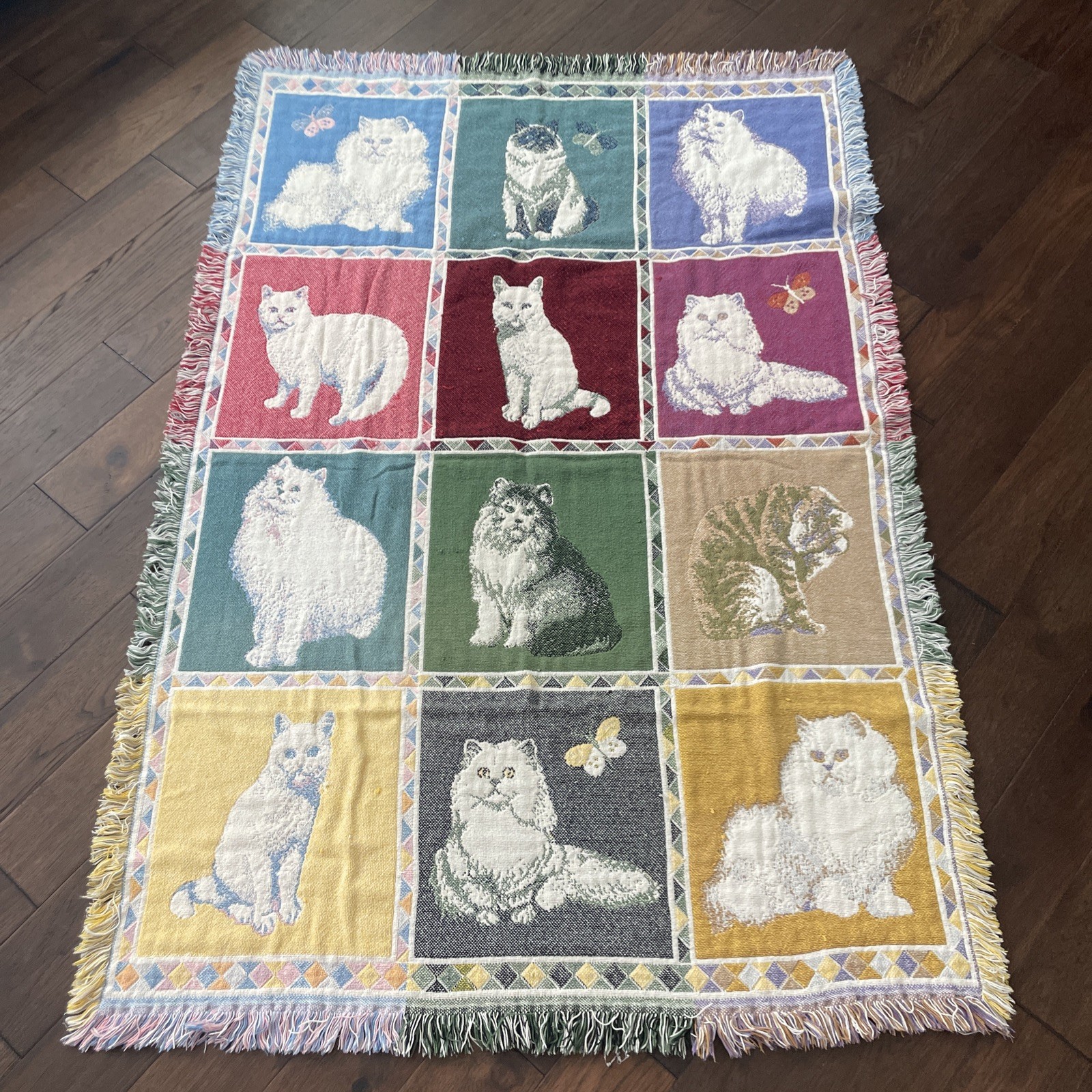 Vtg Woven Tapestry Throw Blanket Persian Cats Fringed Afghan Cat Lover 64×44”
