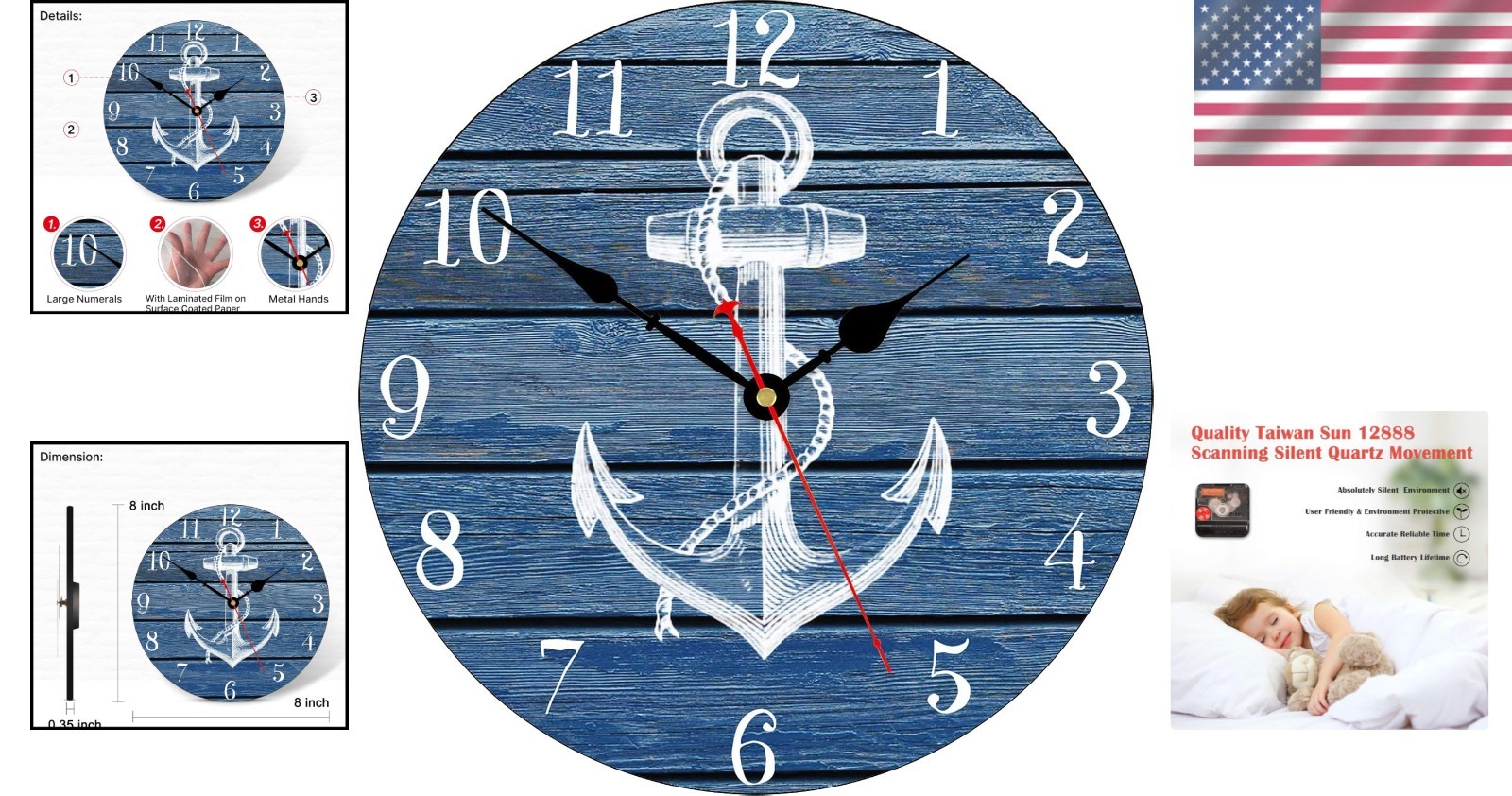 Small Cute 8″ Anchor Wall Clock – Rustic Patina Finish